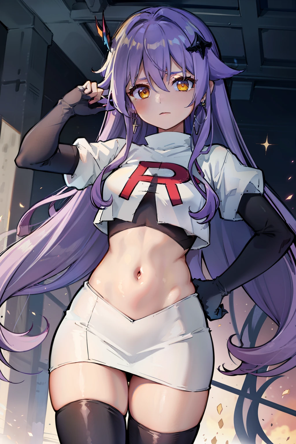 masterpiece, best quality, best 8k wallpaper,
1 girl, cowboy shot, long hair, purple hair, bangs, yellow eyes, earrings, hair between eyes, hair ornament,team rocket,team rocket uniform,white skirt,red letter R,crop top,black thigh-highs,black elbow gloves, cowboy shot