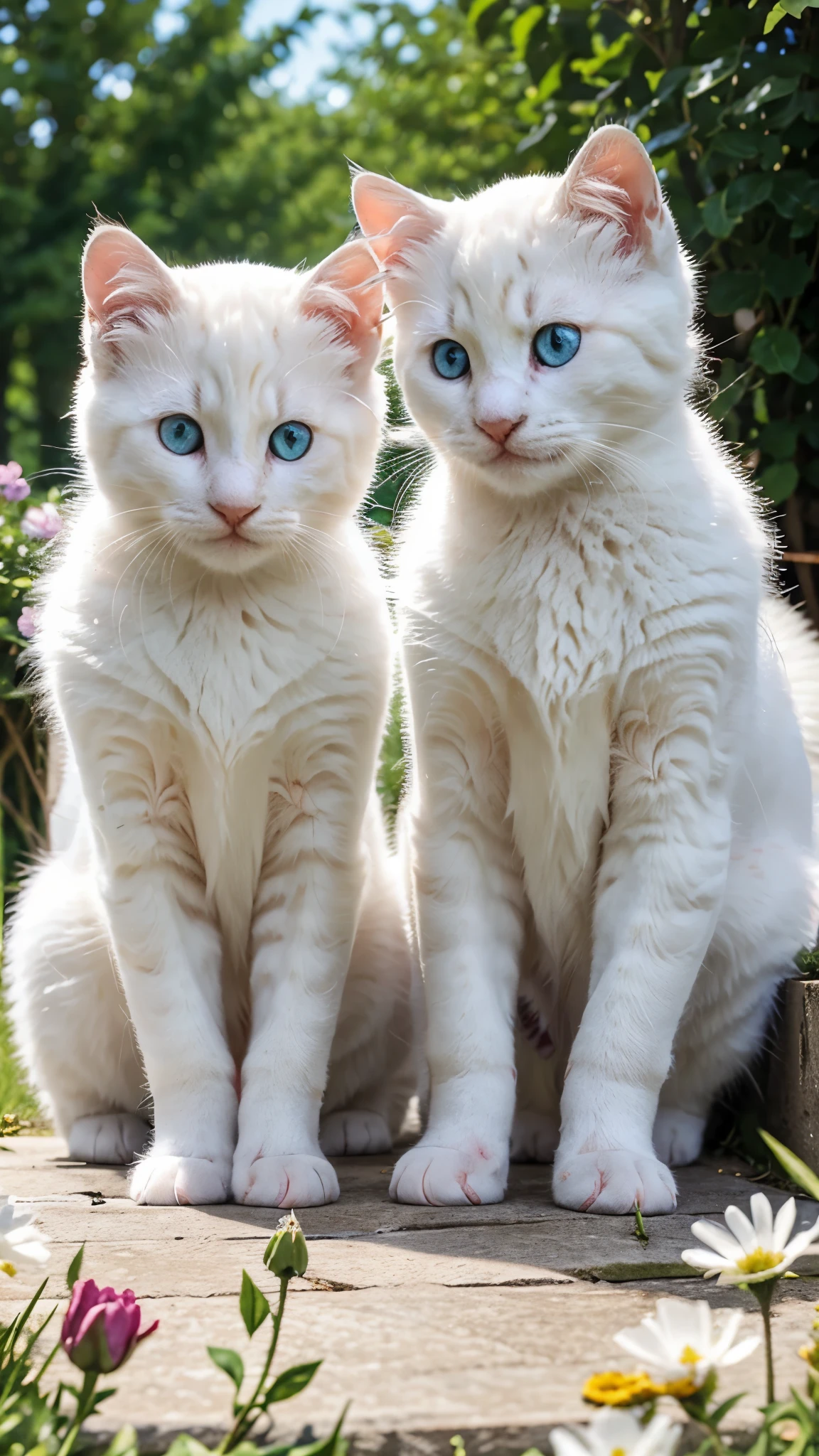 Two white fluffy kittens with blue eyes among summer flowers, no people in the frame, only kittens.