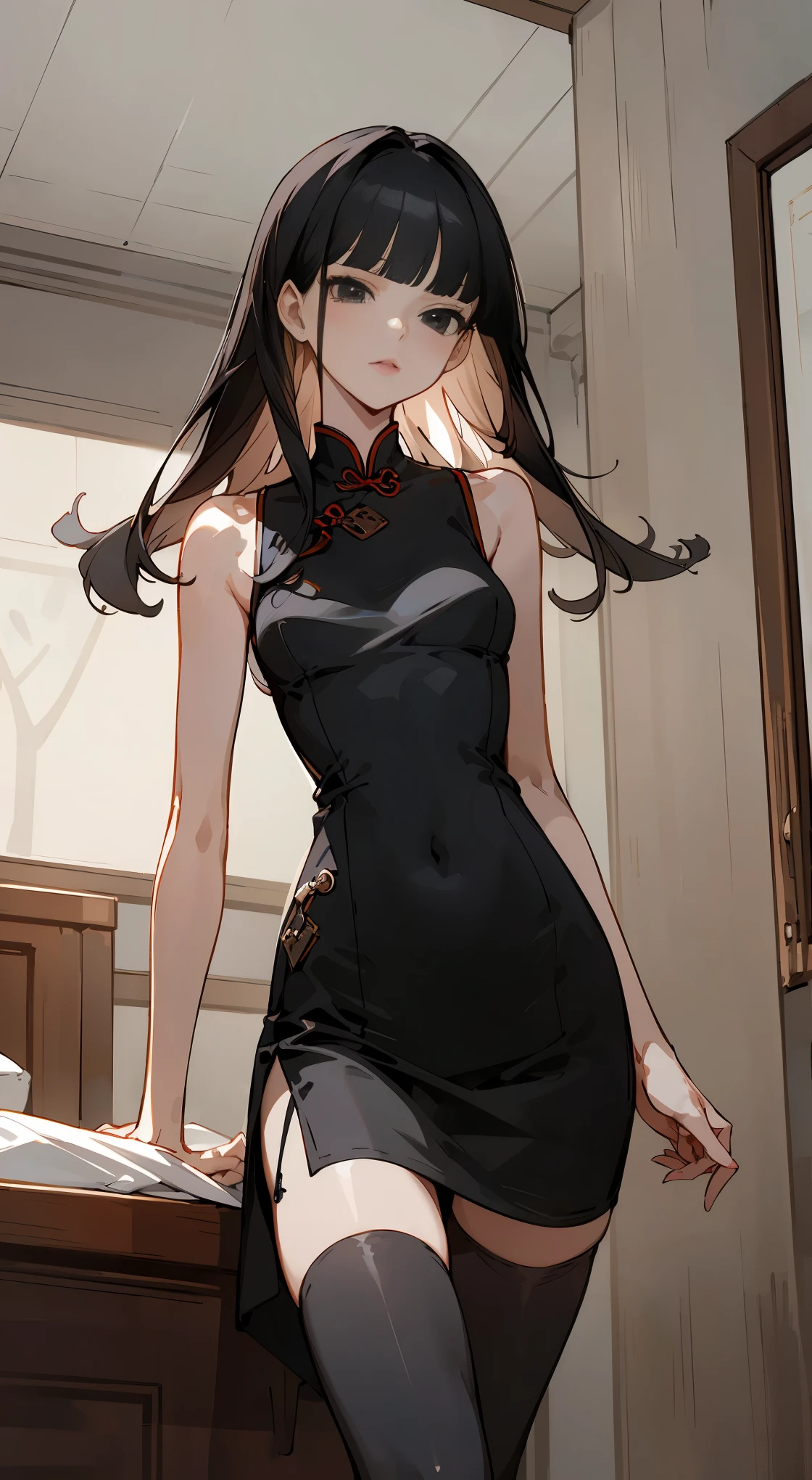 masterpiece, best quality face、beautiful detailed line、Perfect Anatomy,  1woman,solo,cowboy shot,20 year old beauty,black hair,long  hair,blunt  bangs,black eyes ,slender body,ideal ratio body proportions,medium breasts,short black cheongsam dress、sleeveless、deep slit,thigh_gap, black_thighhighs,standing,simple bedroom、indoor lighting、simple hotel、