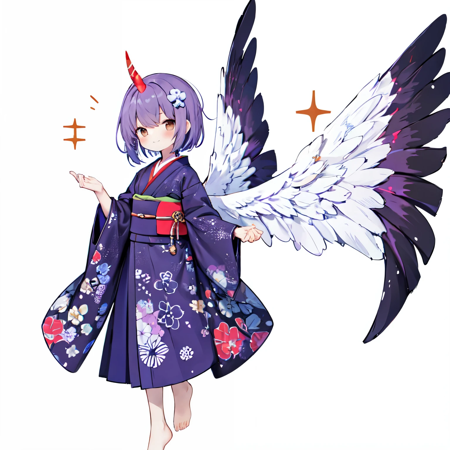背中にメカで出来たwingを持つ少女:1.3, In the style of neon, mechanic、mechanism、Extended、laughter、1 girl, alone, barefoot, hair ornaments, smile, kimono, horn, white background, simple background, brown eyes, Barrette, white dress, short hair, blush,, From the side、 purple hair, looking at the viewer, Raise the hand, Are standing, closed mouth, , wing, floral pattern, (Sparkling),, jump,look to the left:1.0、