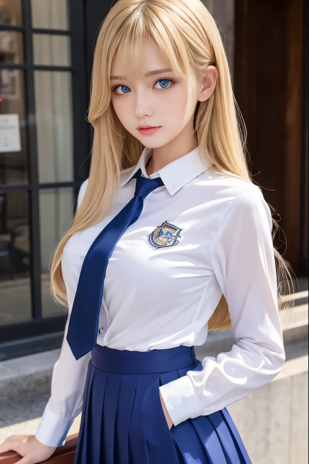 (hyper extreme detailed),(master piece),(hyper extreme),(realistic),(color:1.2), beautiful lighting,light from the front,((very beautiful hair、silky blonde hair 1.5))、(symmetrical face、double eyelid、gentle eyes、blue eye)、high school girl uniform、pleated skirt