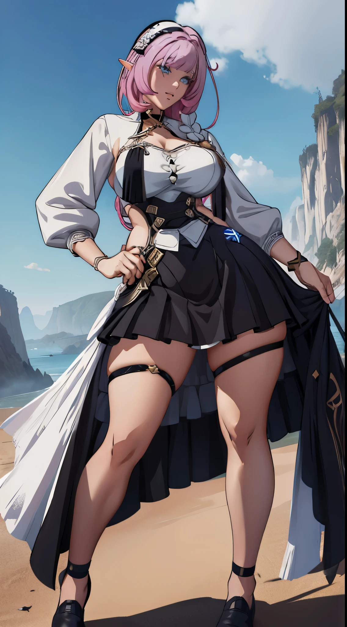 Elysia LoRa, woman character, face detailed, wonderful, white and black dress, loose skirt, short skirt, suspenders, headband, attractive stance(body), super detailed, fitness, epic, medieval landscape.