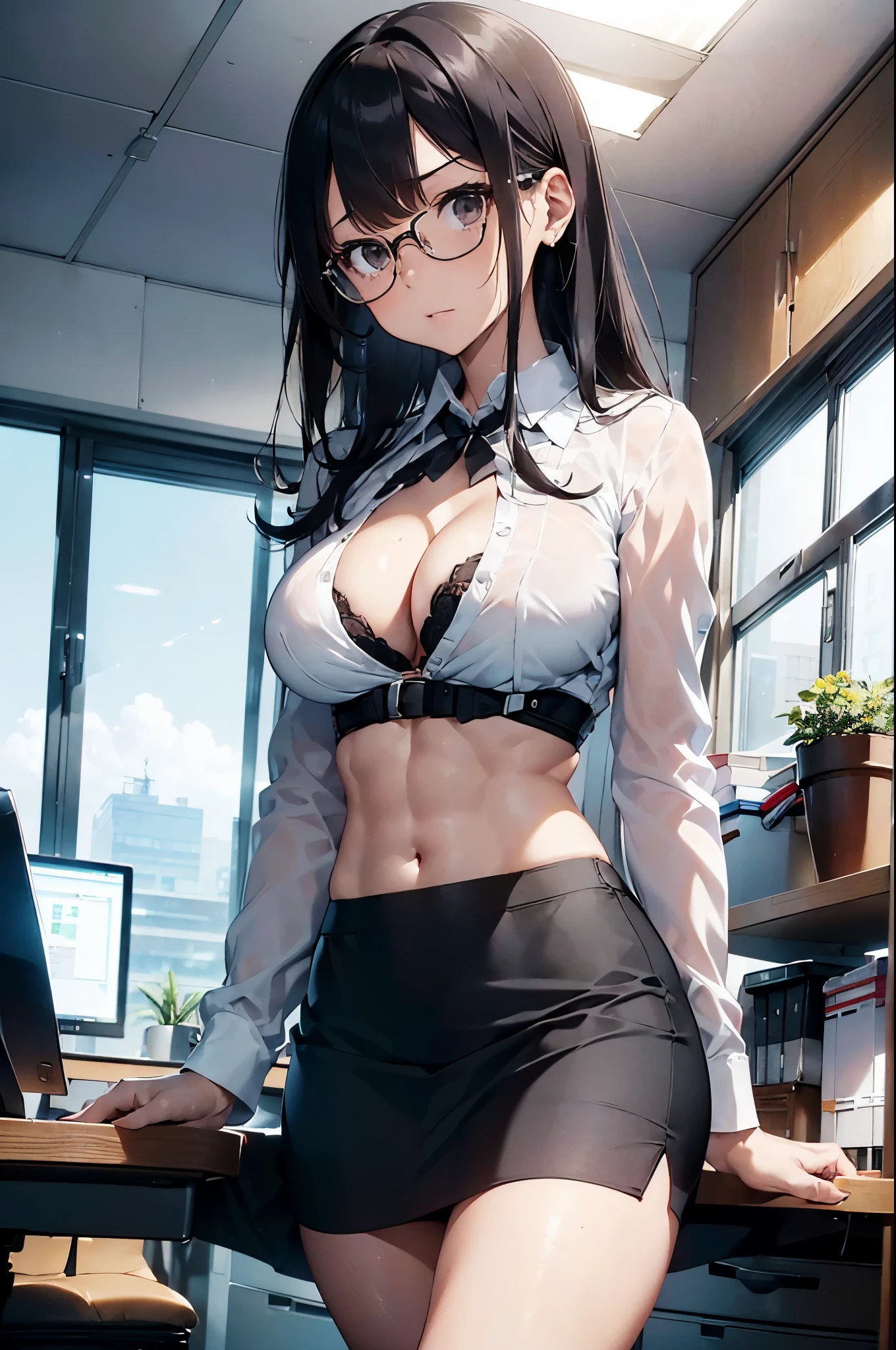 26 years old woman, solo, top down view, ((office lady, white blouce, cleavage of the breast, exposing an abdomen, black tight skirt)), black long straight hair, slim and tall body, (six pack abs:1.2), no ties, huge breast, angry, thighs, glasses, in the office, indoor, best quality, masterpiece, epic, highest detail