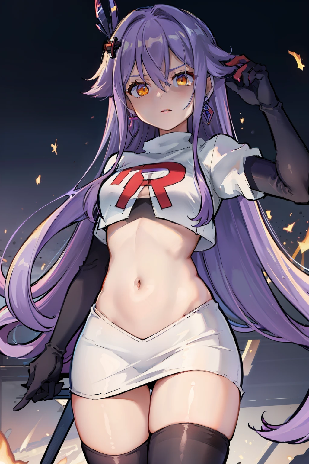 masterpiece, best quality, best 8k wallpaper,
1 girl, cowboy shot, long hair, purple hair, bangs, yellow eyes, earrings, hair between eyes, hair ornament,team rocket,team rocket uniform,white skirt,red letter R,crop top,black thigh-highs,black elbow gloves, cowboy shot