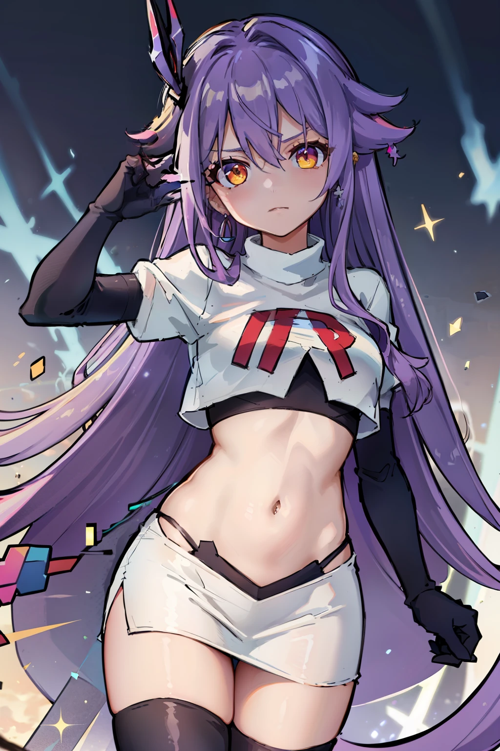 masterpiece, best quality, best 8k wallpaper, 
1 girl, cowboy shot, long hair, purple hair, bangs, yellow eyes, earrings, hair between eyes, hair ornament,team rocket,team rocket uniform,white skirt,red letter R,crop top,black thigh-highs,black elbow gloves, cowboy shot