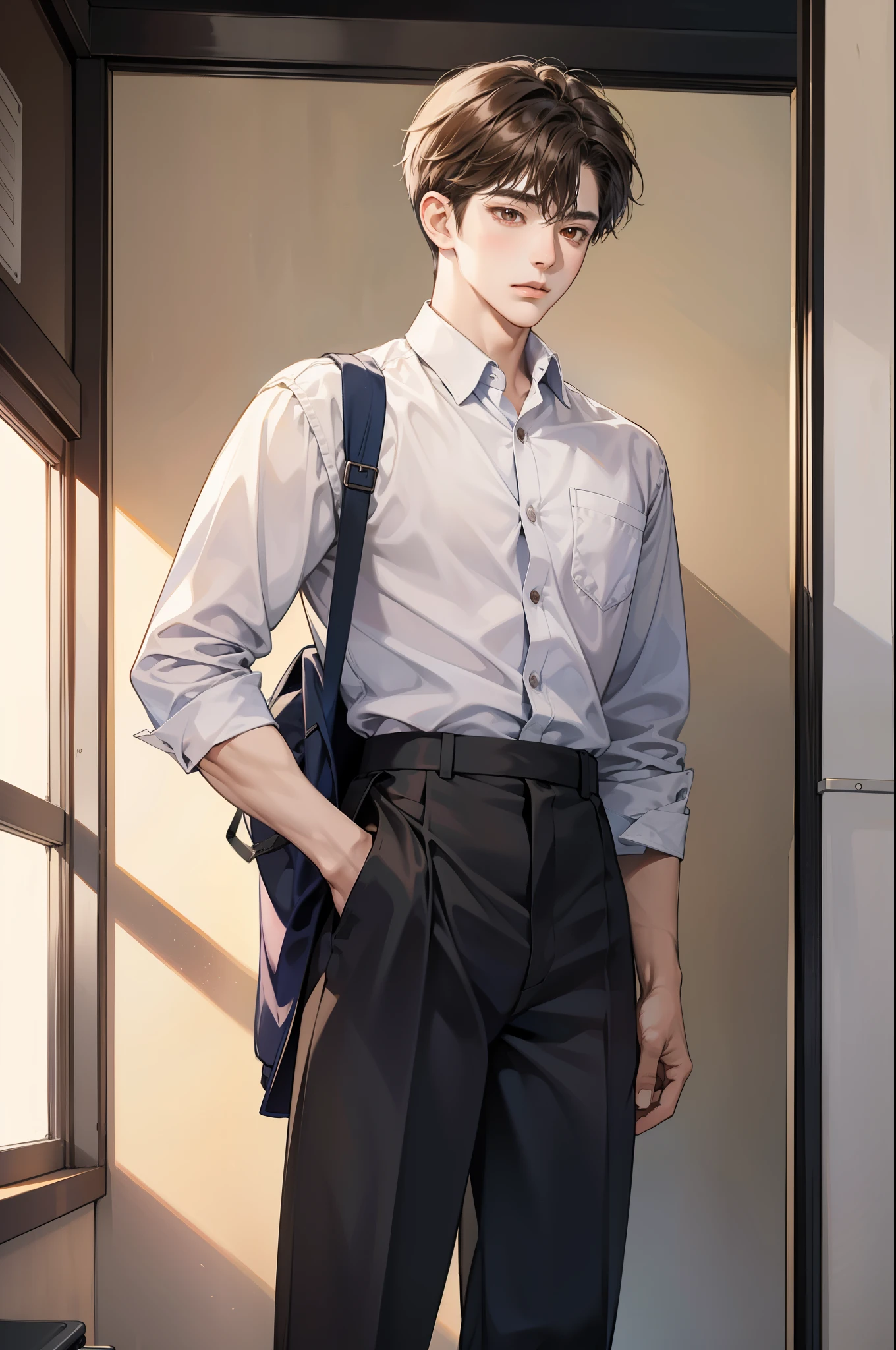 Masterpiece, best quality, 2.5D illustration , 8K CG wallpaper, one high school korean hot Boy with brown hair and brown eyes in the classroom, Boy wear high school pants uniform , sexy korean bad boy
