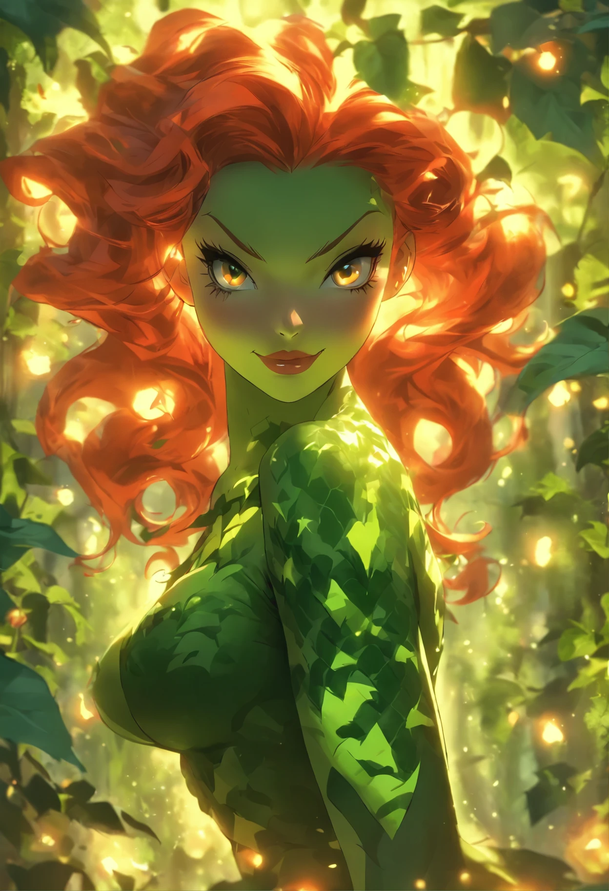 (best quality,4k,highres,masterpiece:1.2),sexy,poison ivy costume, tight fitting,ultra detailed,large breasts,vivid colors,realistic, seductive gaze, full body