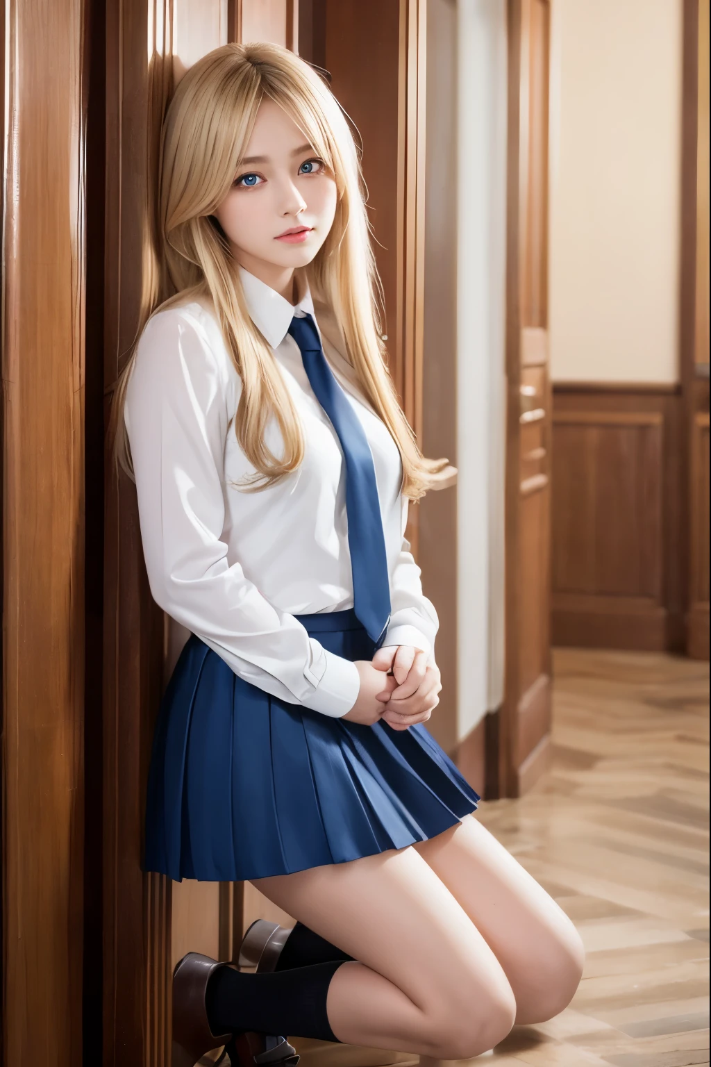 (hyper extreme detailed),(master piece),(hyper extreme),(realistic),(color:1.2), beautiful lighting,light from the front,((very beautiful hair、silky blonde hair 1.5))、(symmetrical face、double eyelid、gentle eyes、blue eye)、high school girl uniform、pleated skirt、knee high socks