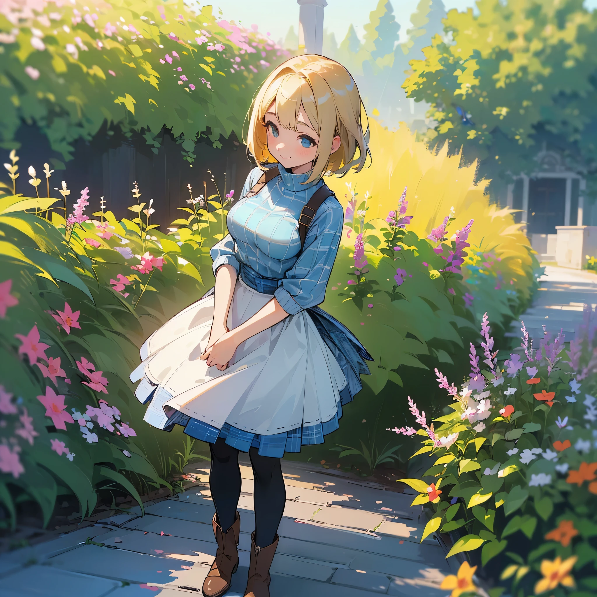 (high quality, High resolution, Super detailed, reality:1.37), peaceful atmosphere, (outdoor, garden), girl standing alone, (My breasts are big.), Beautiful detailed features, cute smile, (blonde bob hair), ribbed sweater, Blue plaid skirt, black tights, brown boots.