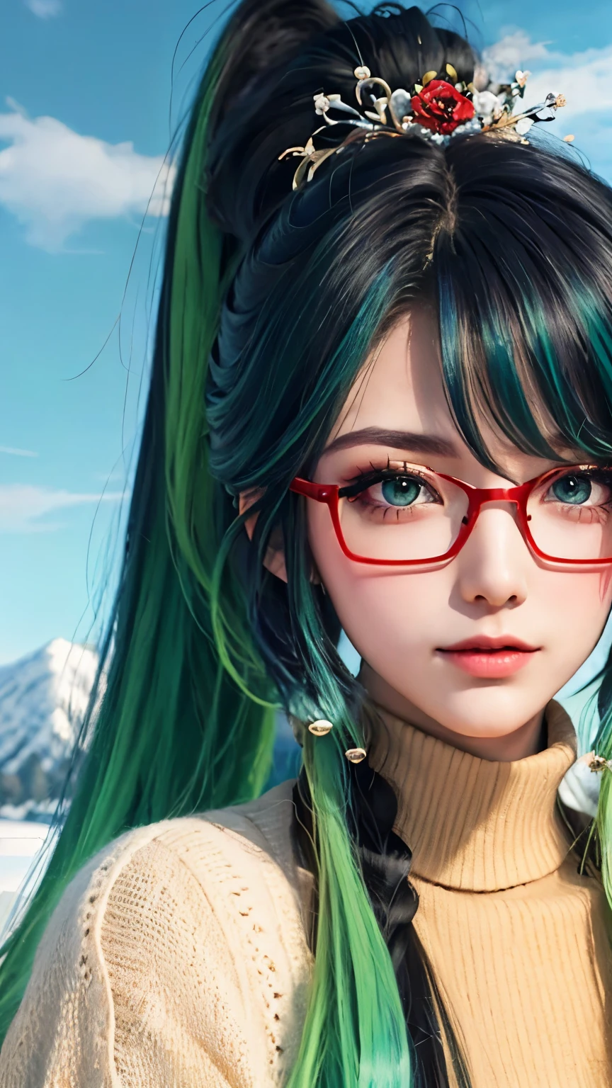 Brightly colored hair and makeup are a popular theme for this woman, anime style 4k, anime art wallpaper 4k, anime art wallpaper 4k, anime art wallpaper 8k, rossdraws cartoon vibrant, Anime style digital art, Rose draws pastel vibrant, Beautiful digital artwork, anime wallpaper 4k, anime wallpaper 4k, digital animation art, Beautiful art ultra hd 4k,facing the camera,Off the shoulders,light green eyes,red glasses,Red half-rim glasses,Long ponytail hairstyle,Black hair and green hair, Good-looking hair accessories,snow landscape background(Thick snow)