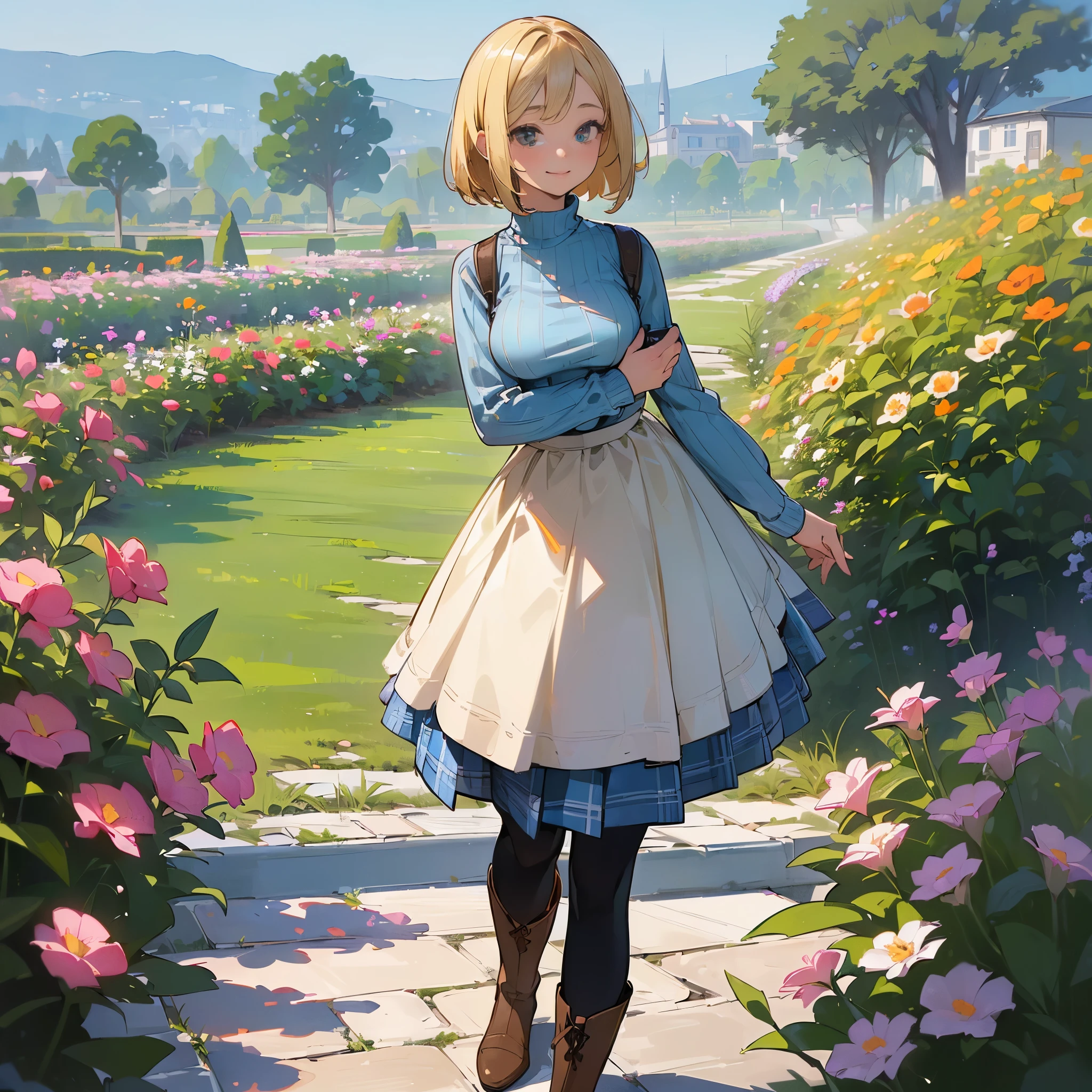(high quality, High resolution, Super detailed, reality:1.37), peaceful atmosphere, (outdoor, garden), Teenage girl standing alone, (My breasts are big.), Beautiful detailed features, cute smile, (blonde bob hair), ribbed sweater, Blue plaid skirt, black tights, brown boots.