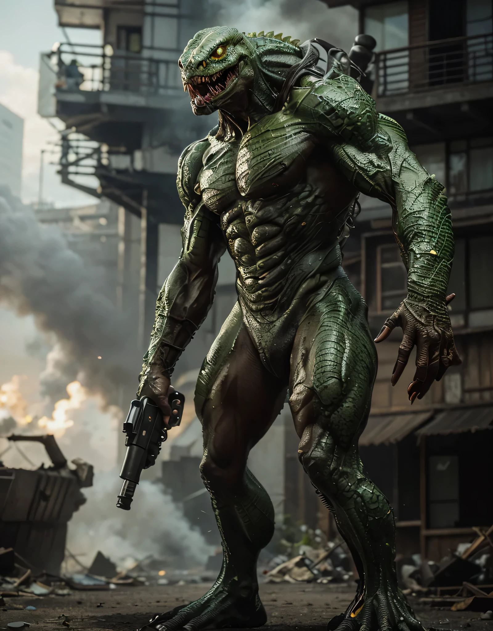 horrible menasing hiper musculoso reptilide mutante reptil escamoso piel verde amarillo, small shiny eyes mouth with many fangs small slime falls from his mouth, holds an advanced laser weapon, is in a city completely destroyed in flames, humo y escombros, platillos voladores en el cielo, ultra Realista, ultra detallado, Hyper Realista, 4k, ultra detallado image, Realista, 4k, ultra detallado image, Realista, muy detallado, perfect composition, gorgeous, Intrincadamente detallado, incredibly detailed, 8 k artistic photography, hiper detallado, obra maestra, ultra detallado, hyper Realista, 4k, ultra detallado image, Realista, muy detallado, perfect composition, hermoso, Intrincadamente detallado, incredibly detailed, 8 k artistic photography, hiper detallado, obra maestra