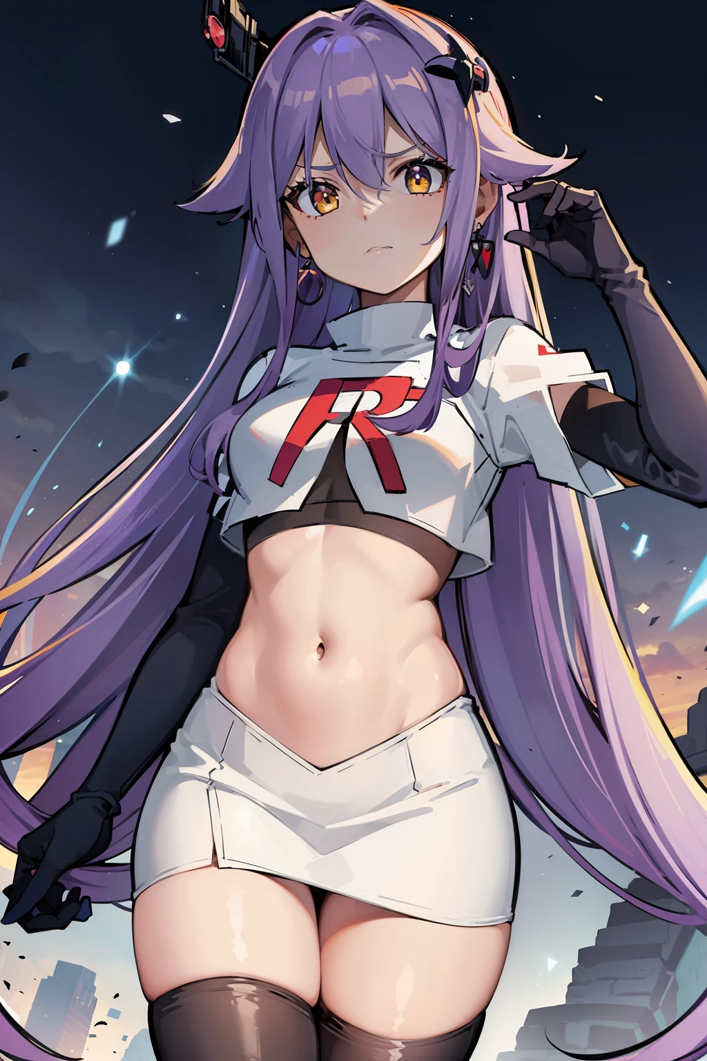 masterpiece, best quality, best 8k wallpaper, 
1 girl, cowboy shot, long hair, purple hair, bangs, yellow eyes, earrings, hair between eyes, hair ornament,team rocket,team rocket uniform,white skirt,red letter R,crop top,black thigh-highs,black elbow gloves, cowboy shot