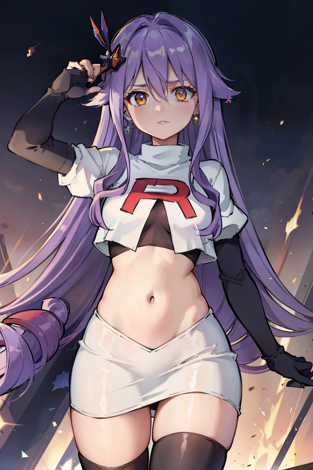 masterpiece, best quality, best 8k wallpaper, 
1 girl, cowboy shot, long hair, purple hair, bangs, yellow eyes, earrings, hair between eyes, hair ornament,team rocket,team rocket uniform,white skirt,red letter R,crop top,black thigh-highs,black elbow gloves, cowboy shot