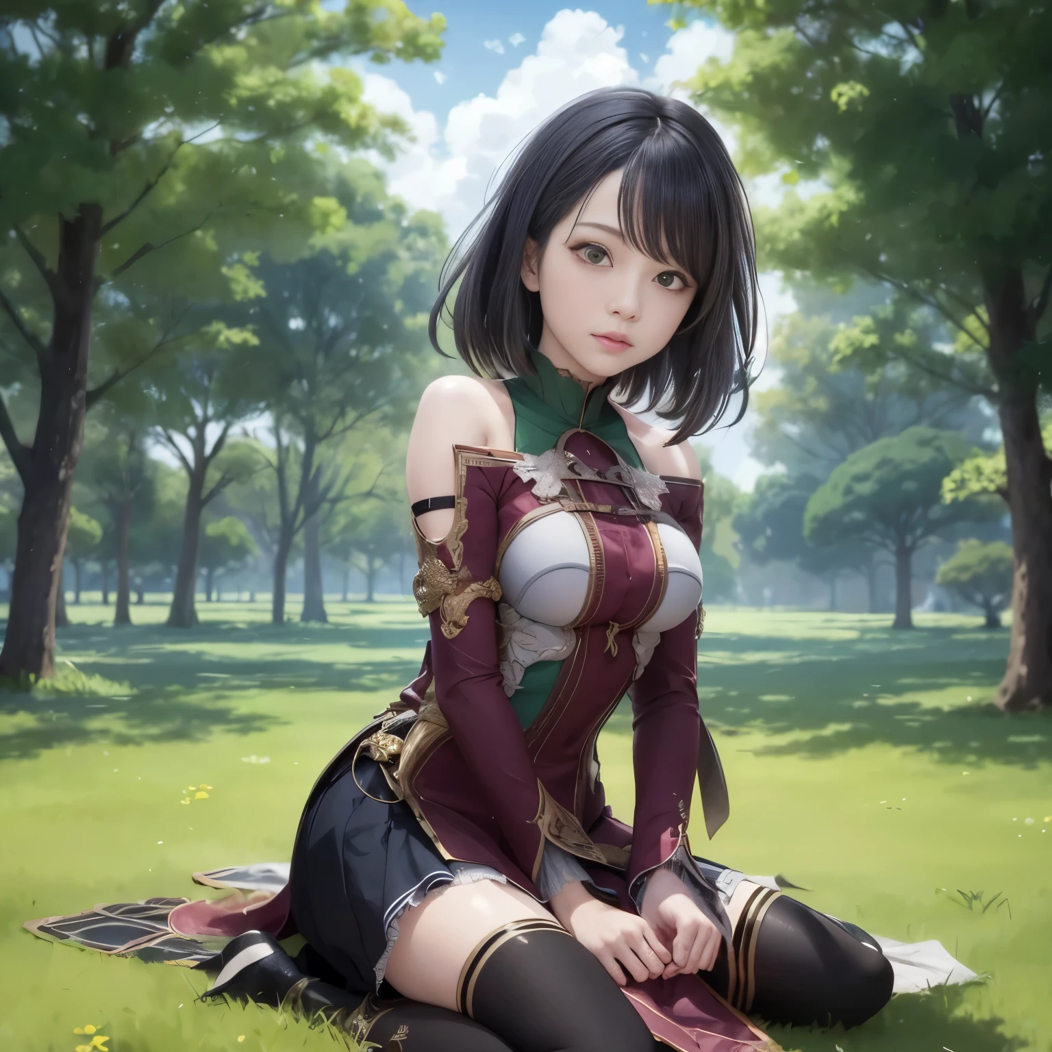 anime girl sitting on the ground in a park with trees, melhor garota de anime, O impacto de Ayaka Genshin, (olhos verdes), visual de anime de uma linda garota, arte oficial, Sakimi Chan, belo anime de fantasia, arte cg de anime suave, linda garota de anime, arte oficial, arte da capa da novela leve, garota de anime desonesta, high detailed arte oficial, garota de armadura, Also, personagem feminina de anime