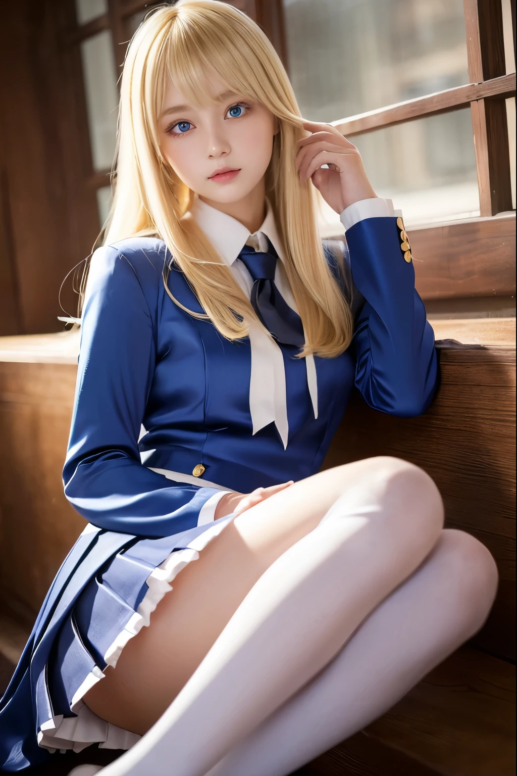 hi-school girl、full body Esbian、、、Blonde long、Disgusting look、Beautiful legs、Miniskirt Uniform、Light blue pants are visible、Sit on a chair with open legs