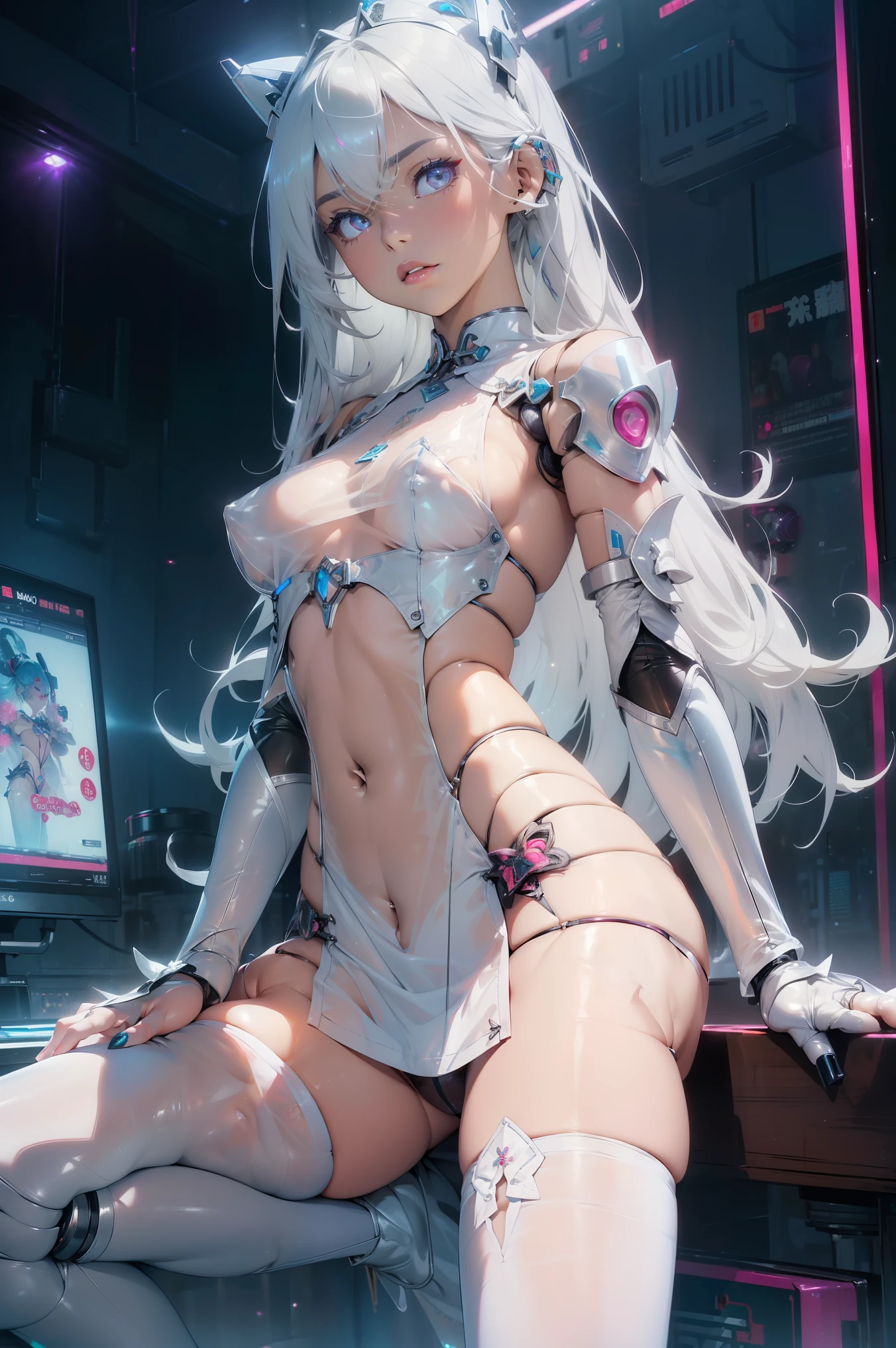 (quality)), ((masterpiece)), Recommended results、Puffy nipples、(see through:1.5)、straighten your back、abdominal muscles、huge bust、angle to floor:1.2、low camera angle、Hair loss on crotch,Hatsune Miku,cyberpunk,maid ((1 girl)), attractive nipples),big breasts:1.4),Breast sagging,Colored inner hair,(((toy doll))),((Pale nipple skin,toy doll joints:1.5,Manipulator:1.5)),((silver armor dress,Tesla Coil)),White translucent metallic leather,part:1.5,:1.5,Mechanical joint: 1.4,mechanical limbs))),shiny skin:1.5,bright skin: 1.5,shiny skin,very shiny skin,shining body,white plastic glitter skin, shiny skin,glowing skin,wet legs))),(lower abdomen,Yao Liu,wide hips,detailed body,(Detailed face)),maidennurse,only_Shoulder,Delicate metal decoration,sleeveless,mini skirt,boots,high resolution, sharp focus,(super detailed, Very detailed), (realistic artwork:1.37),(Very detailed CG unity 8k wallpaper,(((bright colors))),complicated,(complicated background),(masterpiece),(最好的quality),perfect face,Perfect facial details,SuperSaiyan,cheongsam