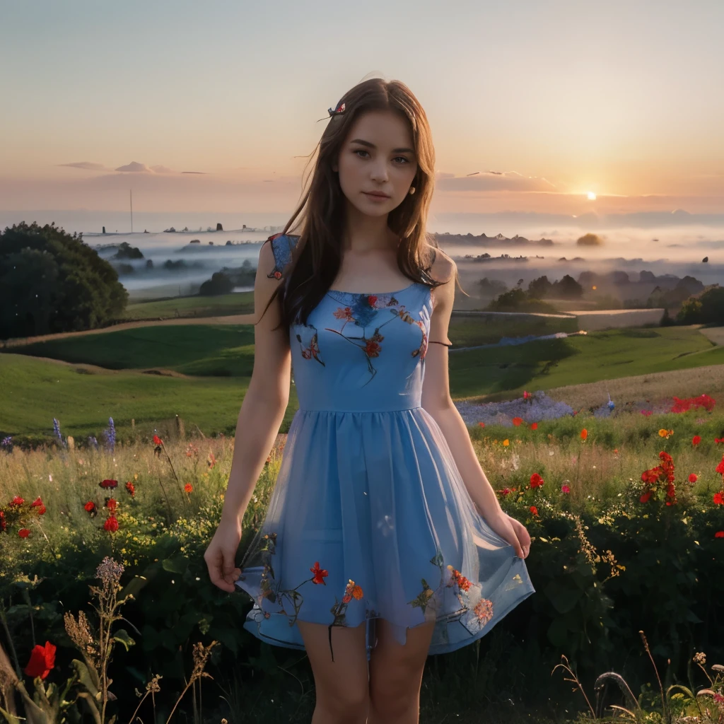 pretty, pretty eyes, pretty arms, wonderful girl, absolutely transparent dress, mounting, red and blue flowers field, sunrise, fog