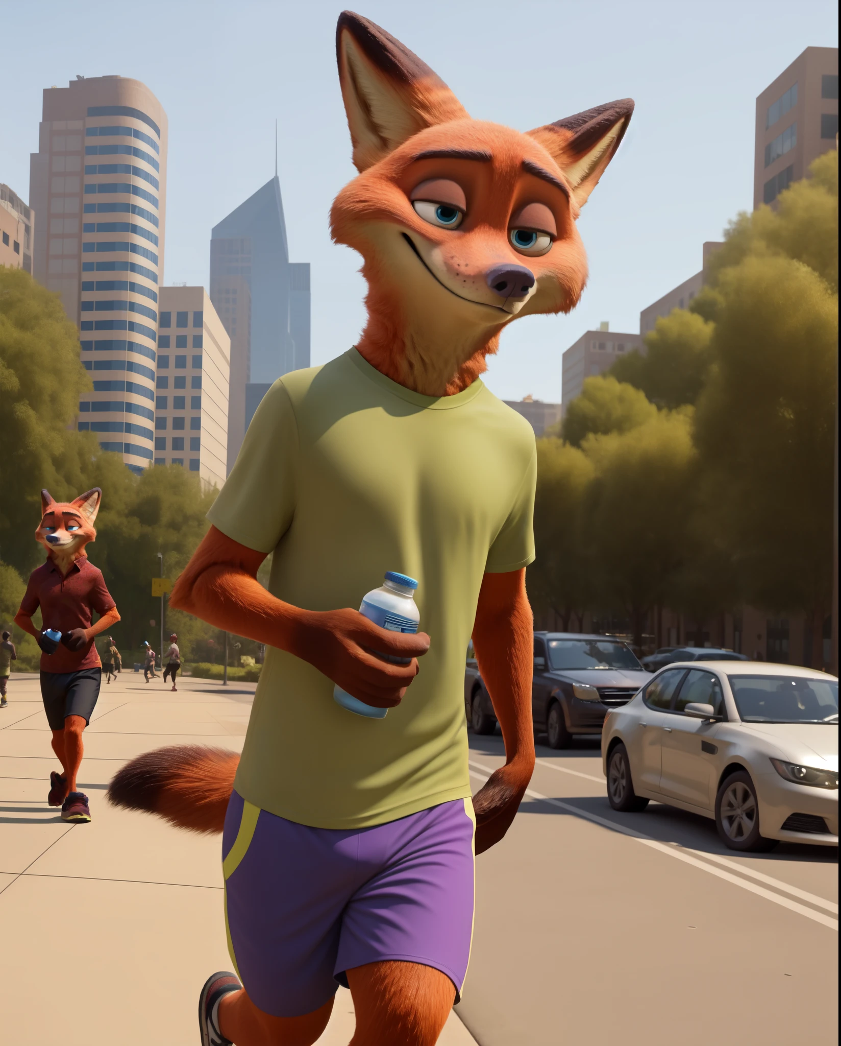 In an animated scene, 32-year-old Nick Wilde from Zootopia walks through a park in sporty attire, carrying a water bottle, showcasing his concern for hydration during physical activity. His casual sportswear includes a snug, vibrant T-shirt, comfortable shorts, and lightweight sneakers for freedom of movement. With brown, slightly tousled hair, his blue eyes express determination and physical effort as he navigates the park's winding paths. The background features a bustling cityscape with skyscrapers and moving cars, capturing the urban vibe. Despite the signs of physical exertion on his face, Nick's expression radiates concentration, determination, and confidence, revealing his enjoyment of outdoor activity amid the urban landscape.