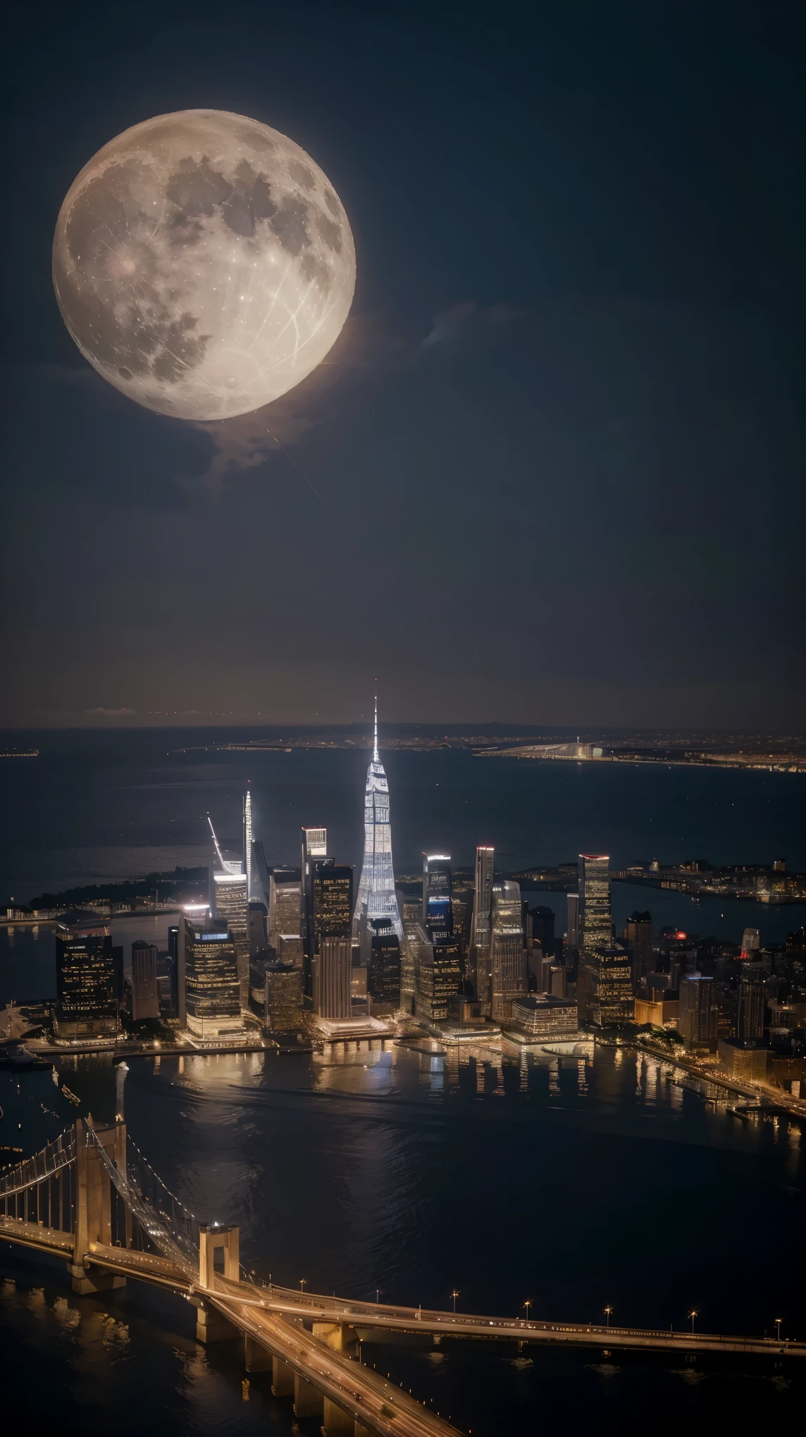 (best quality,4k,8k,highres,masterpiece:1.2),ultra-detailed,(realistic,photorealistic,photo-realistic:1.37),night cityscape,lush scenery,beautifully detailed buildings,glowing lights,reflection on the calm waters,city skyline with tall skyscrapers,full moon illuminating the scene,shadows and highlights creating depth,serene and peaceful atmosphere,golden hues,soft moonlight bathing everything in a gentle glow,meticulously crafted logo design,inspired by the city's charm and elegance,vivid colors,silhouette of a city landmark in the foreground,subtle hints of modernity and sophistication,city's name in elegant typography,professional and sleek appearance,metropolis in the background,sparkling stars scattered across the night sky,impressive display of architectural marvels,atmospheric and dreamlike scenery,imagine the viewer feeling a sense of awe and wonder at the grandeur and beauty of the city by night.