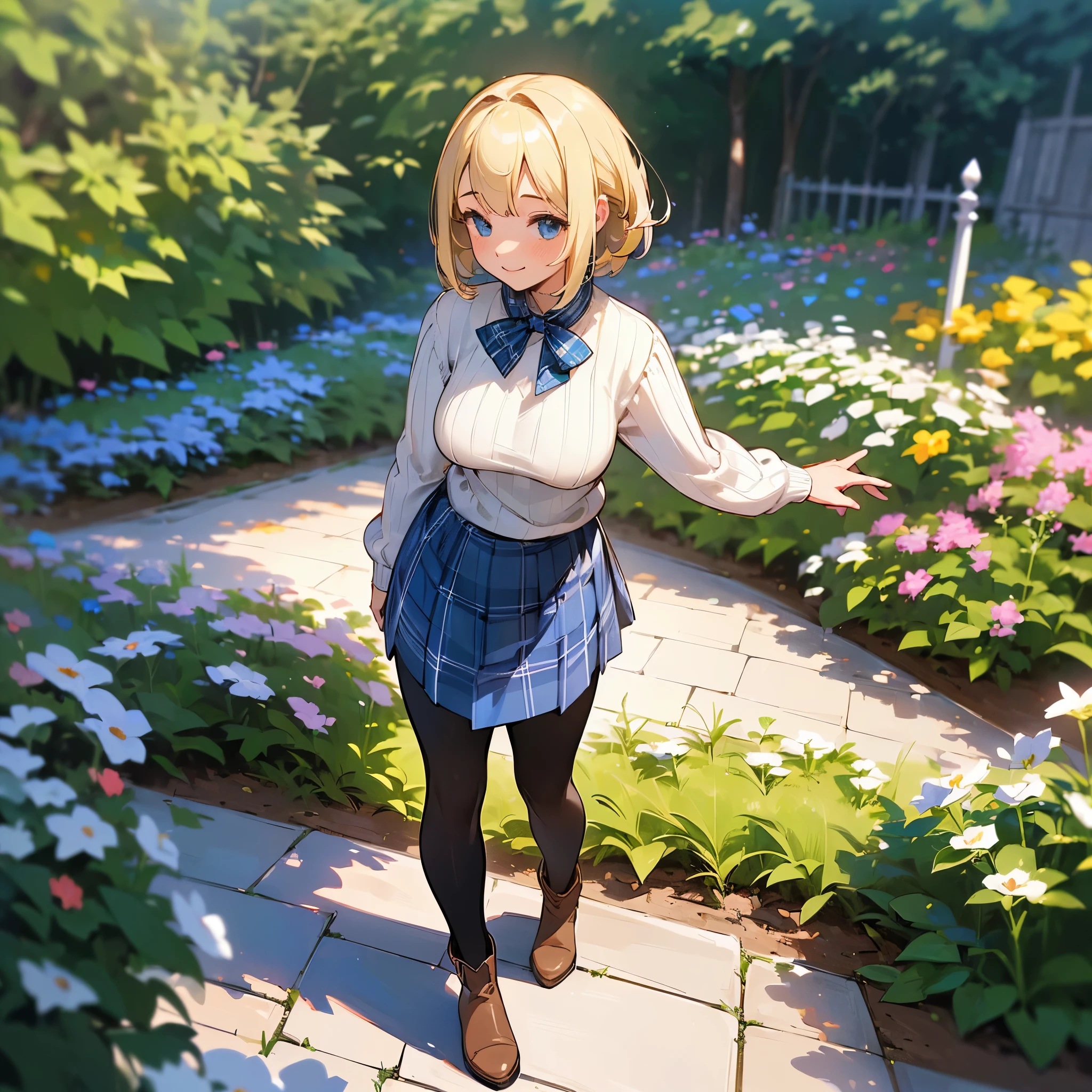 (high quality, High resolution, Super detailed, reality:1.37), peaceful atmosphere, (outdoor, garden), Teenage girl standing alone, (My breasts are big.), Beautiful detailed features, cute smile, (blonde bob hair), ribbed sweater, Blue plaid skirt, black tights, brown boots.