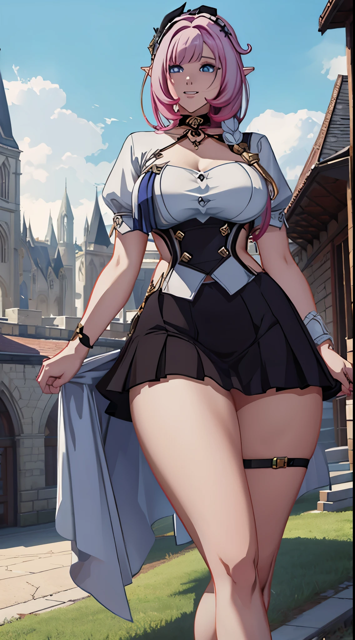 Elysia LoRa, woman character, face detailed, wonderful, white shirt, black skirt, short skirt, suspenders, headband, elf ear, super model stance(body), super detailed, fitness, epic, medieval city landscape. Wallpaper.