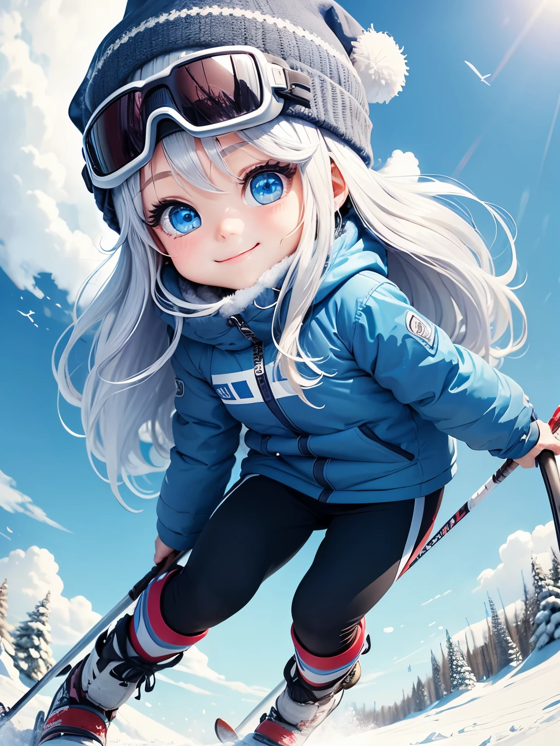 best image quality、detailed eyes、long eyelashes、A happy and cute smile、best smile、chibi character、super deformed、big head and 、very cute 、long silver hair、Surprisingly big blue eyes that shine、The sky is a beautiful blue sky and a nice snow scene、He skis very skillfully with poles in both hands and skis attached to both feet.、He&#39;s wearing a woolen hat, cool goggles on his forehead, and warm ski wear.、