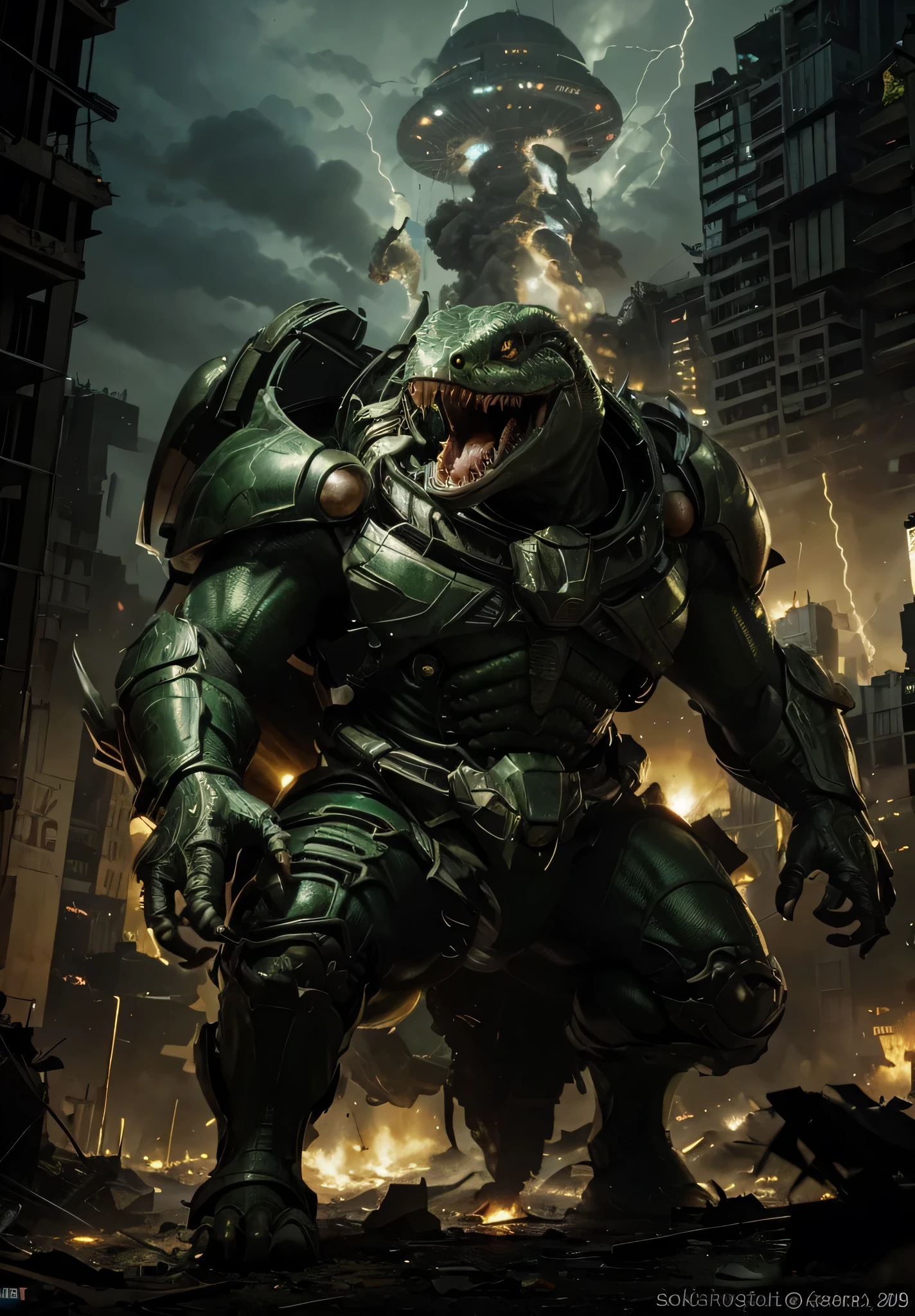 horrible menasing reptiloide mutante reptil escamoso piel verde amarillo, small shiny eyes mouth with many fangs small slime falls from his mouth, Armadura avanzada, holds an advanced laser weapon, a spaceship launches a beam of energy, is in a city completely destroyed in flames, humo y escombros, platillos voladores en el cielo, noche, luz baja, ultra Realista, ultra detallado, Hyper Realista, 4k, ultra detallado image, Realista, 4k, ultra detallado image, Realista, muy detallado, perfect composition, gorgeous, Intrincadamente detallado, incredibly detailed, 8 k artistic photography, hiper detallado, obra maestra, ultra detallado, hyper Realista, 4k, ultra detallado image, Realista, muy detallado, perfect composition, hermoso, Intrincadamente detallado, incredibly detailed, 8 k artistic photography, hiper detallado, obra maestra