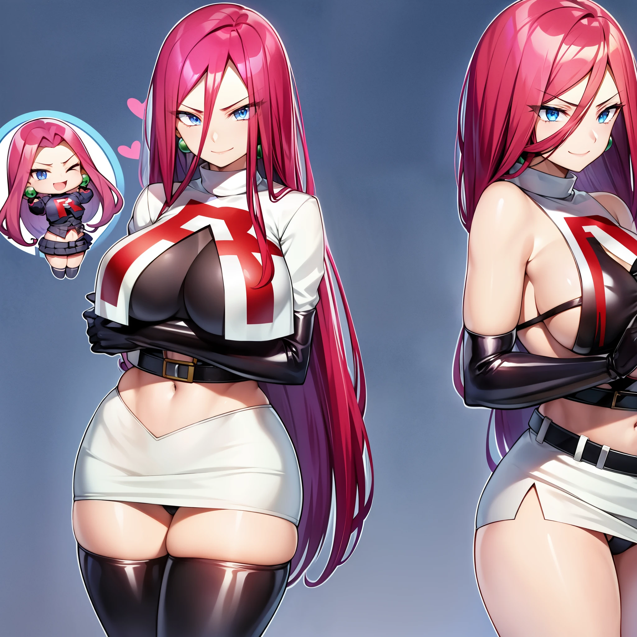 pokémo、big tits milf、big tits milf、big tits milf、Musashi、Red hair、arrogant and very selfish、Jessie Pokemon、solo、Team Rocket、gloves、all back、long hair、gem、skirt、belly button、thigh high socks、earrings、肘gloves、Team Rocketの制服、crop top、blue eyes、abdomen、white background、belt、黒いgloves、very long hair、simple background、smile、black stockings、purple hair、look at viewer、chest、白いskirt、ミニskirt