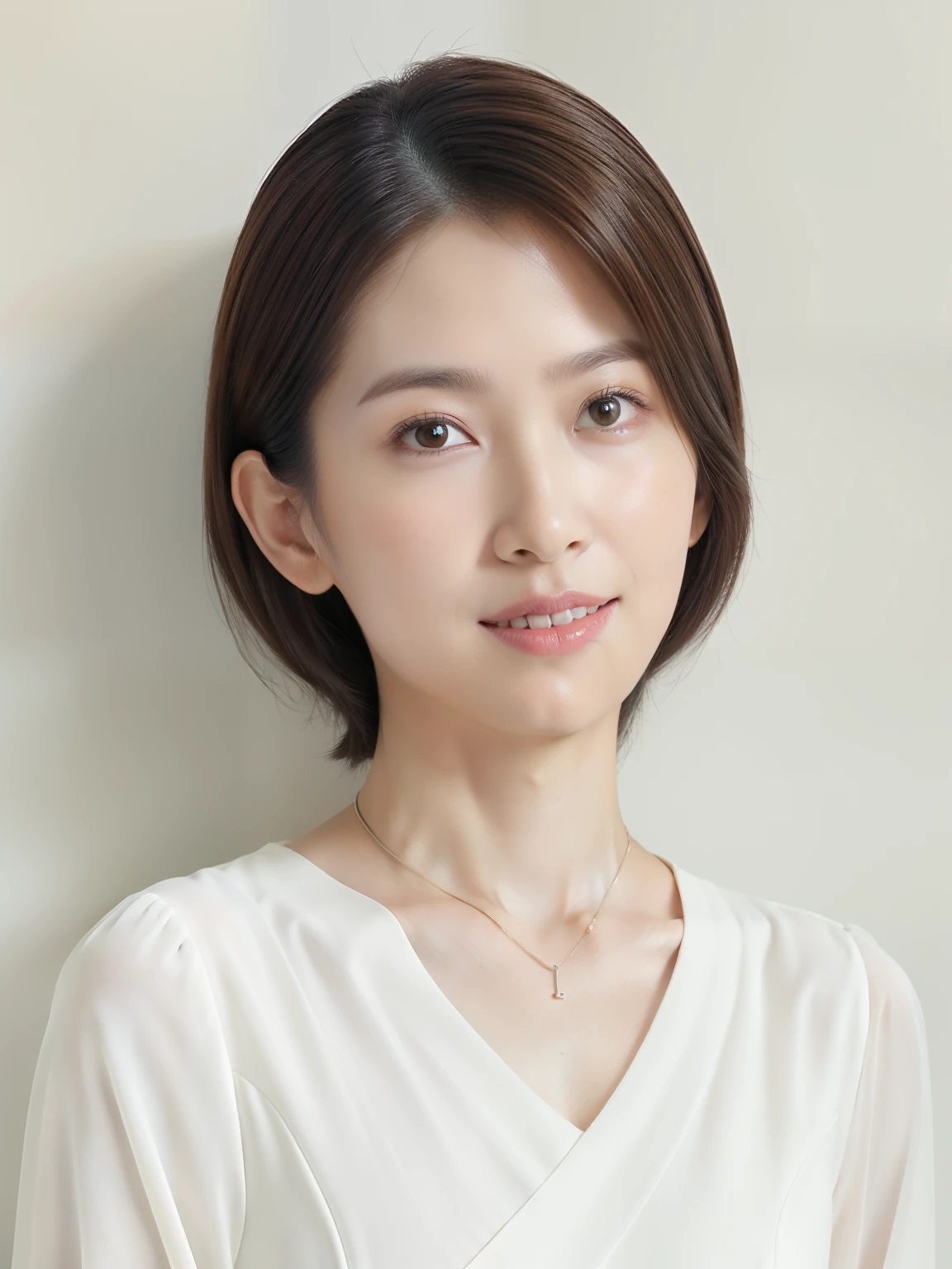 (highest quality、8K、Raw photo、32K、masterpiece、nffsw:1.2)、photo of cute japanese woman、short hair、The ends of the hair are pointing outwards、Don't look at the camera、(Normal human hand shape)Upper body、surface focus、simple necklace、simple white back ground、From above、mix 4、(realistic、Photoreal:1.37)、1 girl、Shot in natural light、photon mapping、Physically based rendering、Handsome、excellent image quality、High resolution、1080P、(clean face)、(Detailed facial description)、(detailed description of hands)、(Masseter muscle part)、(Detailed CG)、 hair is dirty、rich details、(exquisite features)、(best image quality)、(masterpiece)、(detailed eye)、delicate clavicle、Versatile poses、profile、white wall、Spring clothes、long sleeve dress