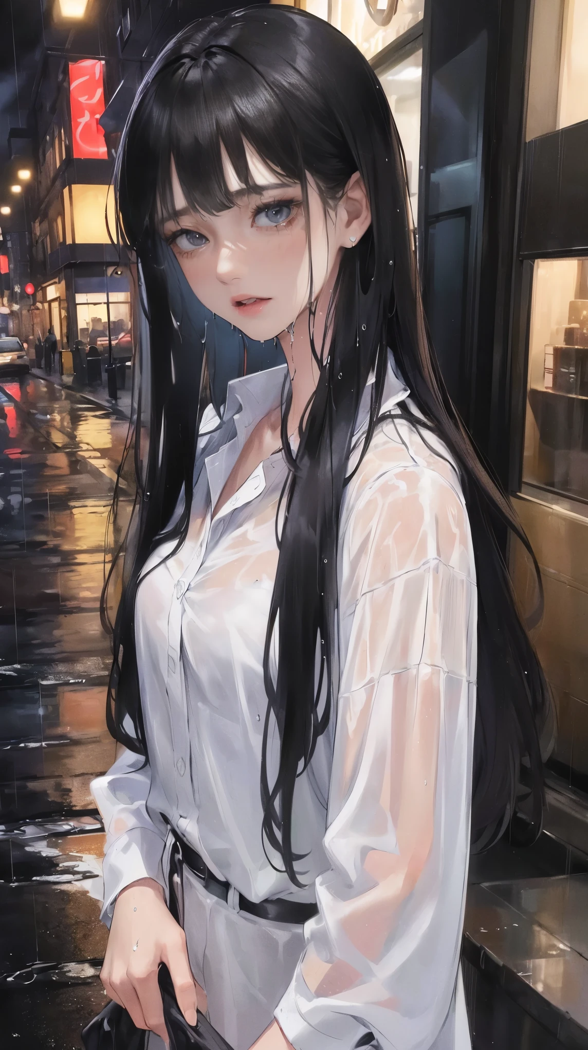 (highest resolution, distinct_image) Best quality, ((((1 woman))), masterpiece, very detailed, semi-realistic, wet black hair, straight hair, expressionless, bangs, night, rain, 21 years old, mature, young, wet white shirt, outdoors, delicate facial features, facial features, mid-shot,