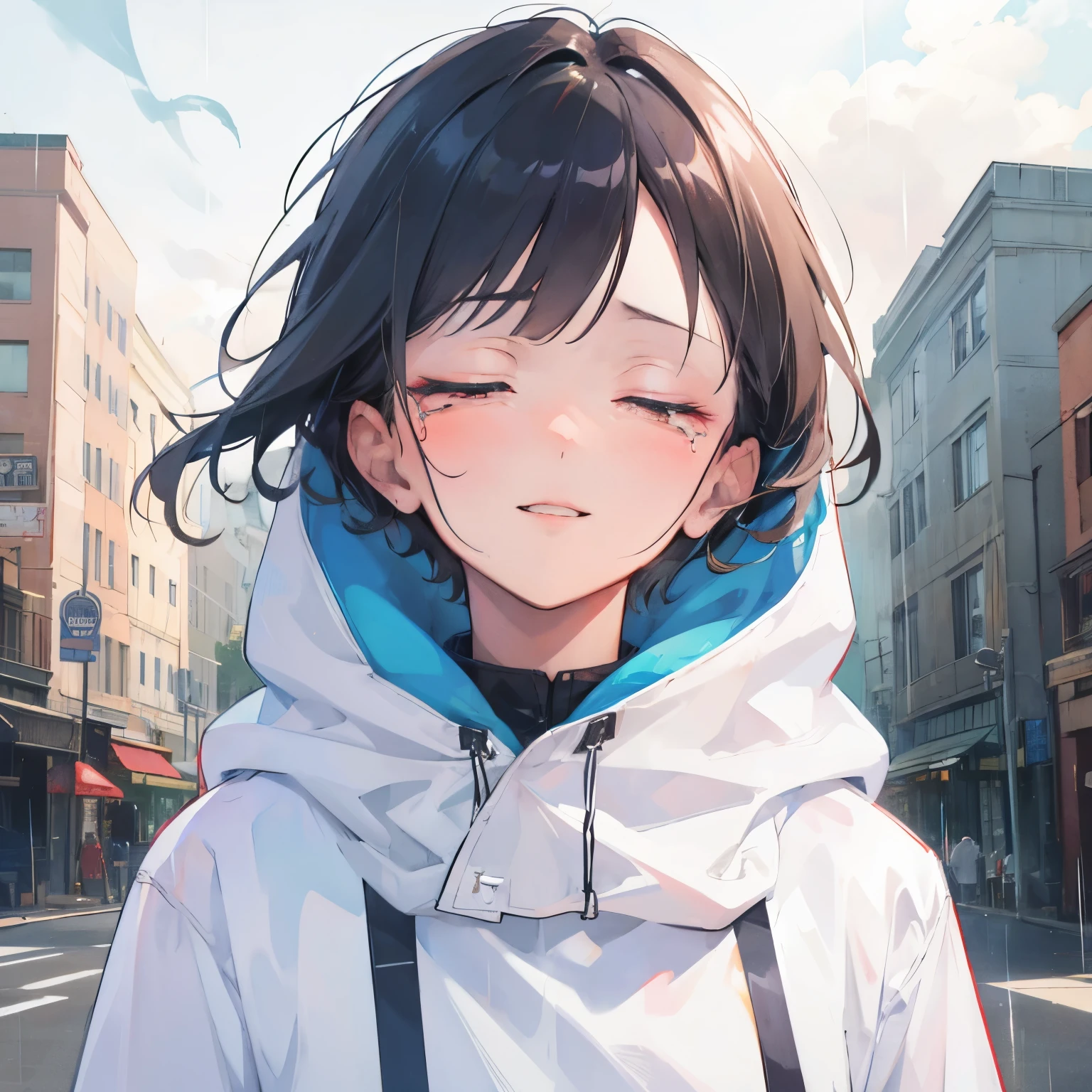 1boy,highres, high quality, masterpiece, black hair with white highlights, dark hoodie, crying, smiling, rain, street, city, rough