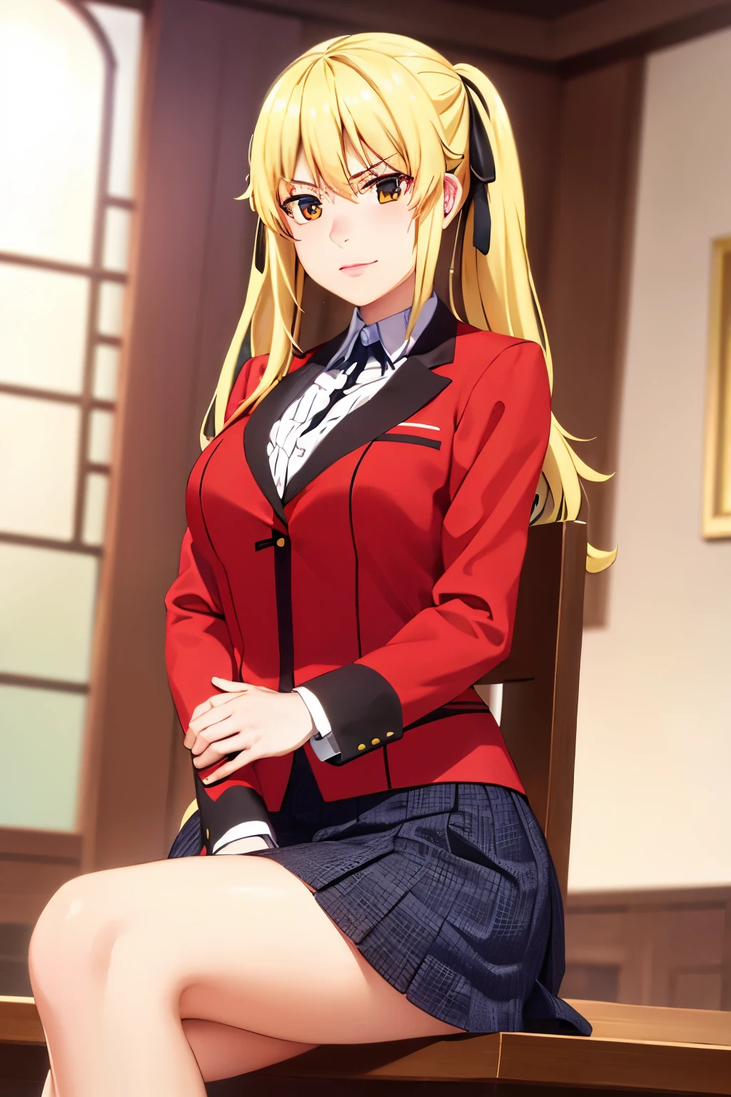 (very detailed background:1.0), (highly detailed background:1.0), (Masterpiece), High Quality, (1girl, solo), blonde hair, yellow eyes, pigtails, black ribbon in hair, looking at viewer, seductive smile, blush, looking at viewer, view from front, cowboy shot, large breasts, red jacket with black collar, white shirt, buttoned jacket, grey pleated skirt, desk, sitting on chair, crossed legs, 5 fingers, (((good hands))), 5 fingers on each hand, arms crossed,