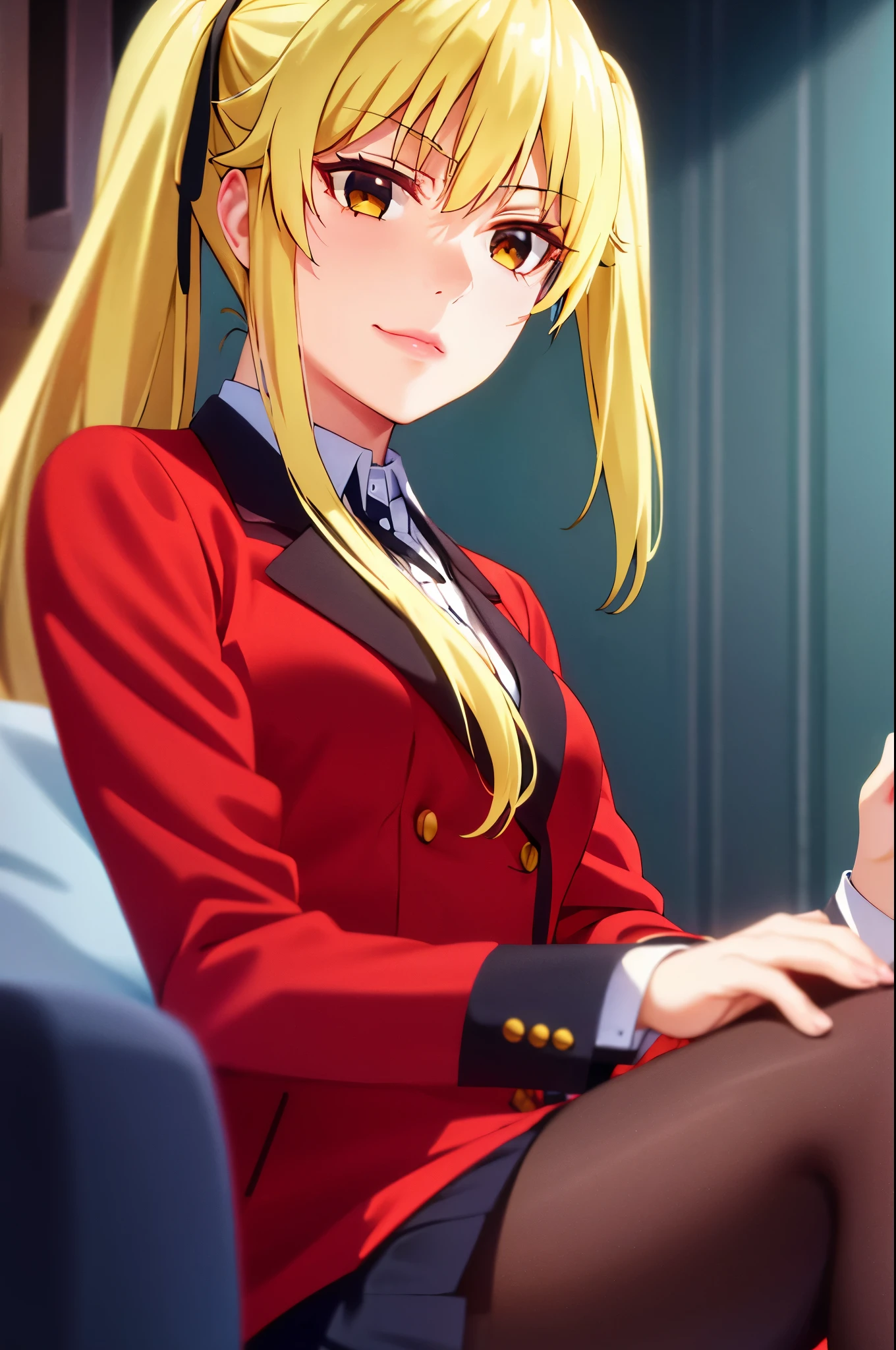 (very detailed background:1.0), (highly detailed background:1.0), (Masterpiece), High Quality, (1girl, solo), blonde hair, yellow eyes, pigtails, black ribbon in hair, looking at viewer, seductive smile, blush, looking at viewer, view from front, cowboy shot, large breasts, red jacket with black collar, white shirt, buttoned jacket, grey pleated skirt, desk, sitting on chair, crossed legs, 5 fingers, (((good hands))), 5 fingers on each hand, arms crossed,