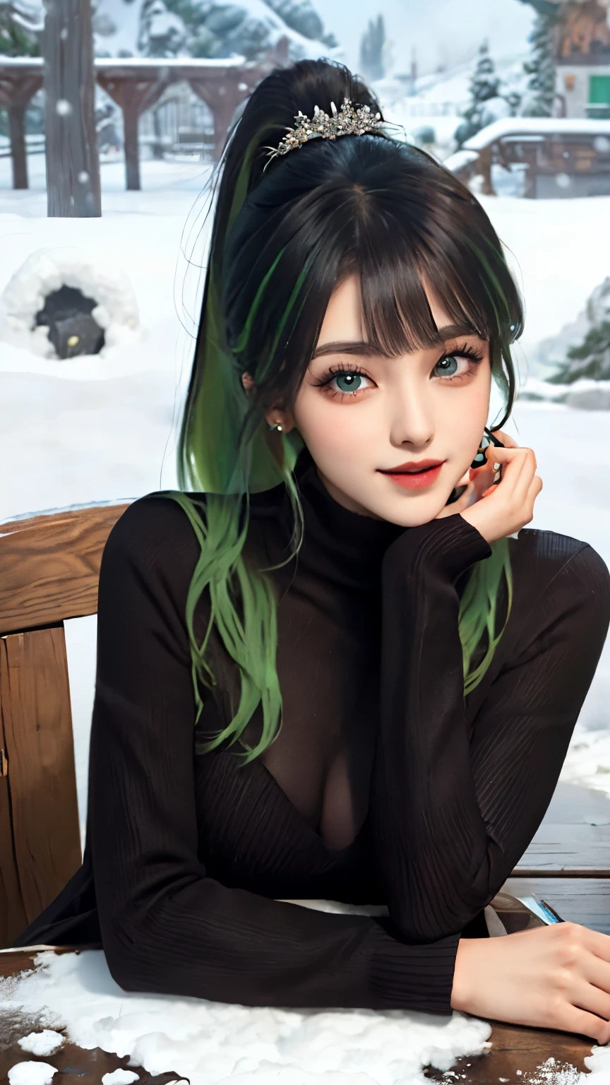 (on the table, best quality、high detail:1.1、Very attractive adult beauty、Add intense highlights to your eyes、Beautiful woman full of adult charm、perfect anatomy、Long ponytail hairstyle,Black hair and green hair, Good-looking hair accessories,lip gloss),1 girl, alone, actual、tilt your head slightly, short and shiny hair、 Knitted sweaters、Stylish muffler,Bangs、big eyes、light green eyes,Wearing red glasses,Red half-rim glasses,eyelash、Face a little red、Awkward)、((Italian winter snow scene、絶対に美しいBangs:1.4))、big eyes、Give students strong highlights、(medium :1.4}、very beautiful beauty、please show your ears、long neck、smile a little、beautiful teeth、Open your mouth and smile、heart shaped eyes))、18 years old、Very cute super model、High