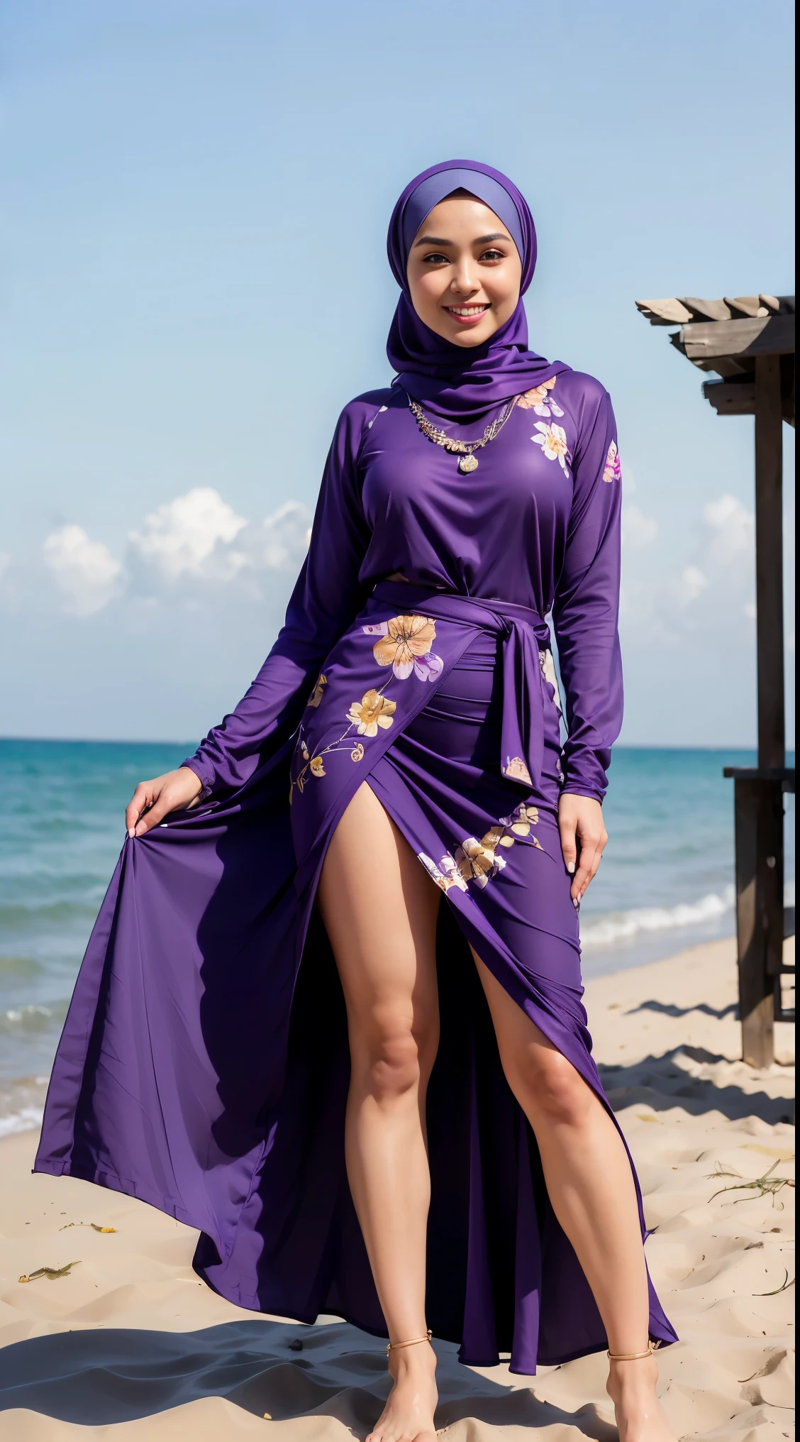 Mature malay woman, sexy seducing pose, sunrise beach, morning view, wearing hijab, pastel color hijab, red pastel baju kurung, small breast, flat chest, wide waist, thick thighs, bright lighting, high quality, detail face, 4k, ray lighting,