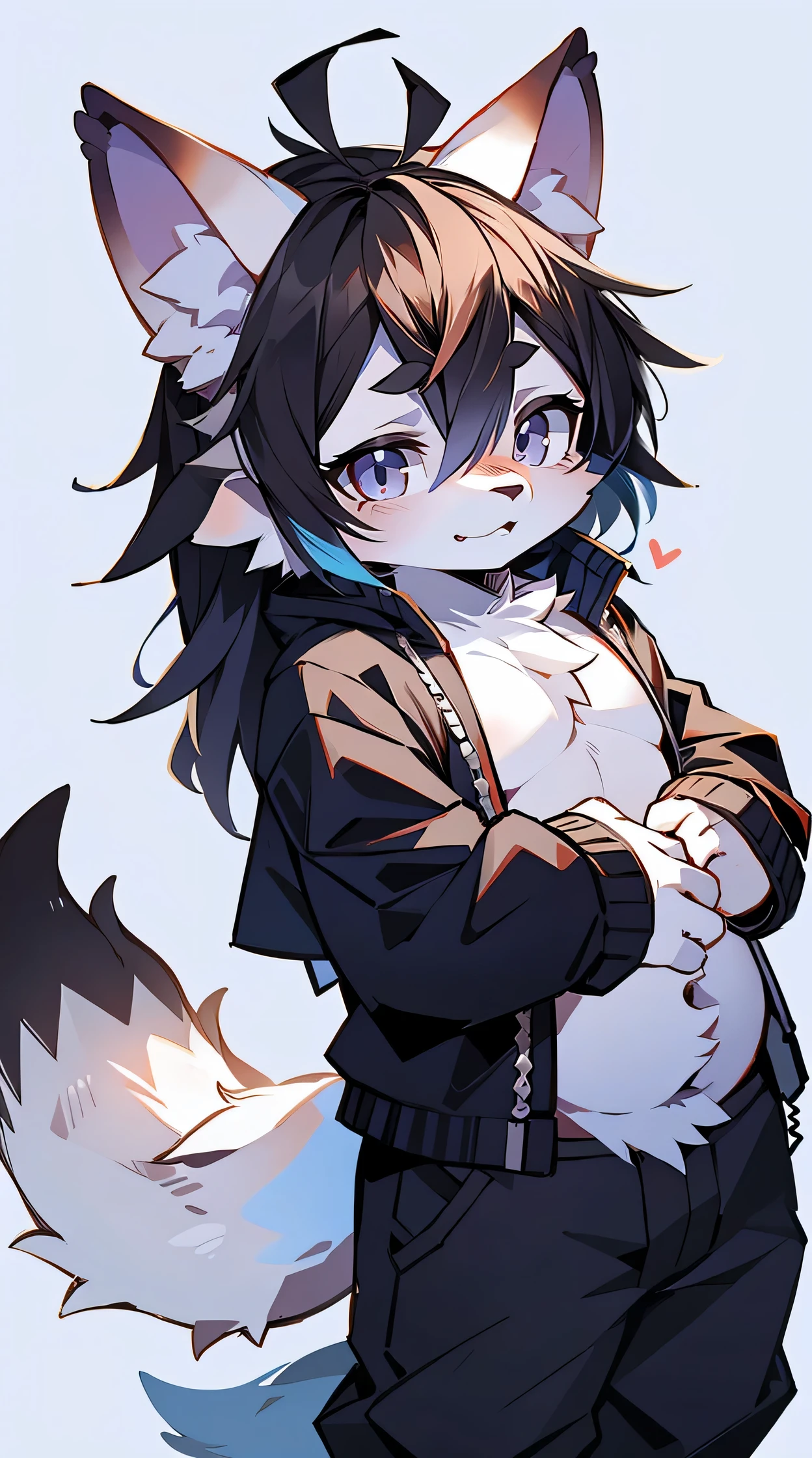 The male wolf is 180 cm tall,blue-purple eyes, , long black hair, end,The crotch is slightly raised,white,with smile,two small ears,white-skinned 0-year-old wolf,深blue-purple eyes, long black hair, 稍微突出with smile, Two pointed ears, and white skin.Face you,Little chubby