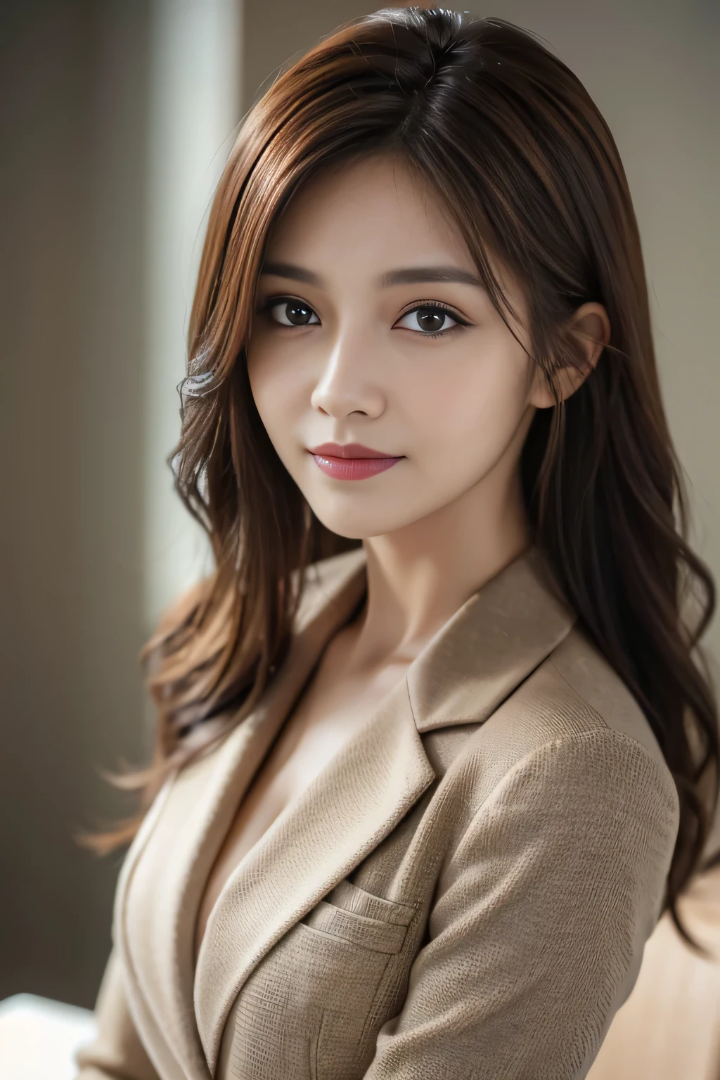 table top, highest quality, realistic, Super detailed, finely, High resolution, 8k wallpaper, 1 beautiful woman,, light brown messy hair, wearing a business suit, sharp focus, perfect dynamic composition, beautiful and detailed eyes, thin hair, Detailed realistic skin texture, smile, close-up portrait, model body shape