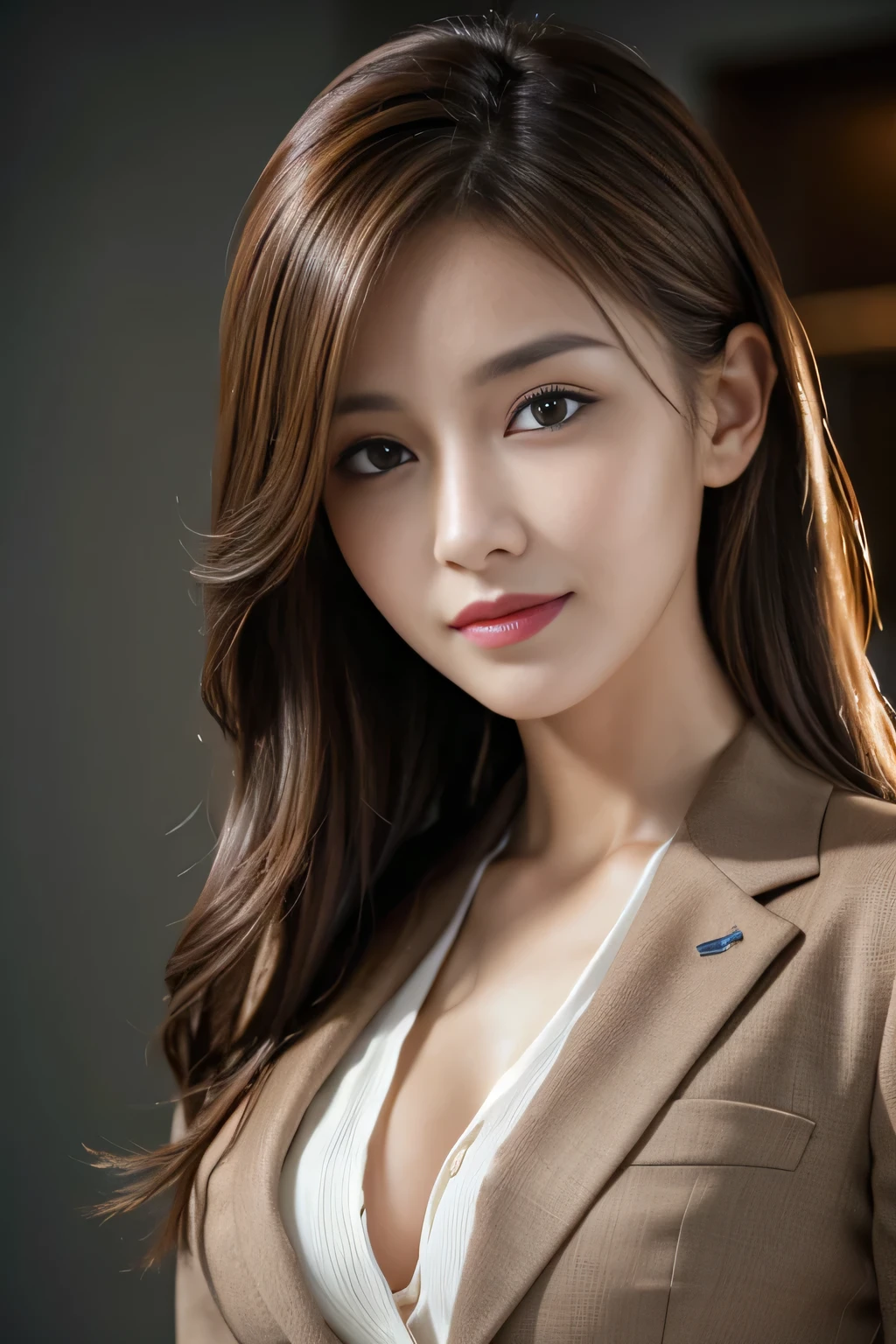 table top, highest quality, realistic, Super detailed, finely, High resolution, 8k wallpaper, 1 beautiful woman,, light brown messy hair, wearing a business suit, sharp focus, perfect dynamic composition, beautiful and detailed eyes, thin hair, Detailed realistic skin texture, smile, close-up portrait, model body shape