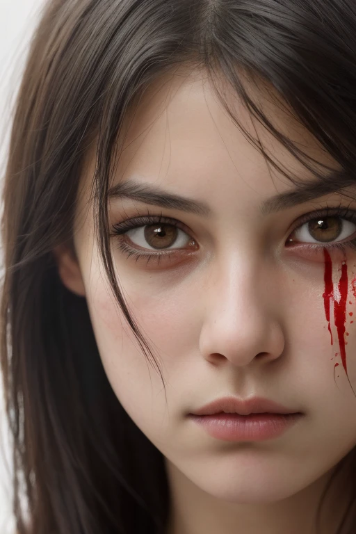 A hyper-realistic portrait of a young black-haired girl with a saddened but vengeful look in her eyes, capturing the intensity of her emotions. Blood stains on her face add a cinematic touch, enhancing the realistic portrayal. The level of detail in this ultra-realistic image is awe-inspiring, showcasing the intricate features of her face, including the subtle lines and contours. The composition is carefully crafted, drawing attention to her expressive eyes and the raw emotion they convey.