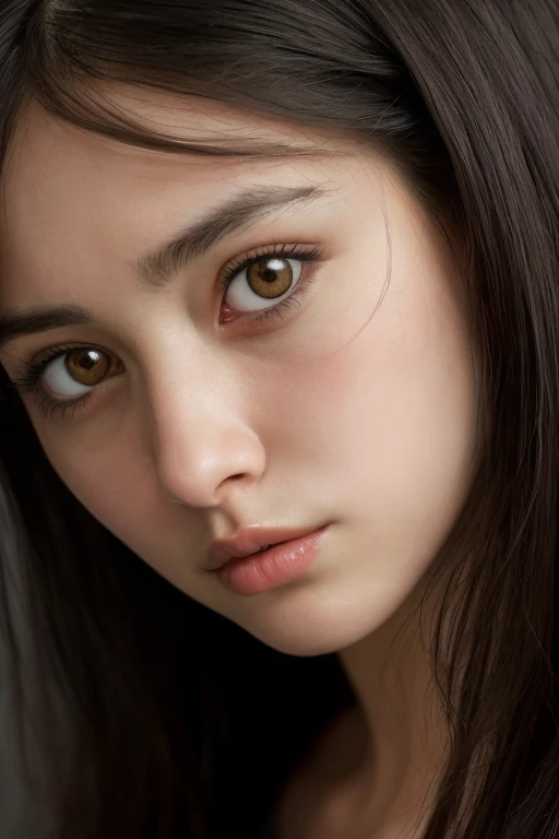 A hyper-realistic portrait of a young black-haired girl with a saddened but vengeful look in her eyes, capturing the intensity of her emotions. Blood stains on her face add a cinematic touch, enhancing the realistic portrayal. The level of detail in this ultra-realistic image is awe-inspiring, showcasing the intricate features of her face, including the subtle lines and contours. The composition is carefully crafted, drawing attention to her expressive eyes and the raw emotion they convey.