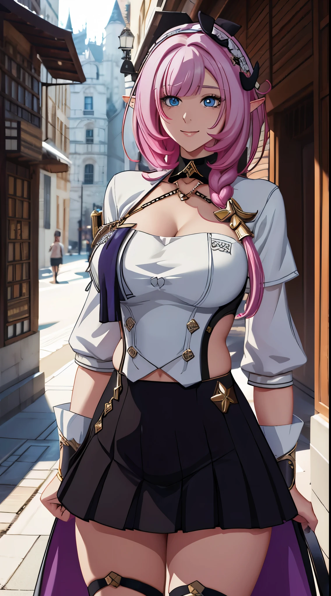 Elysia LoRa, woman character, face detailed, wonderful, white shirt, black skirt, short skirt, suspenders, headband, elf ear, super model stance(body), super detailed, fitness, epic, medieval city landscape. Wallpaper.