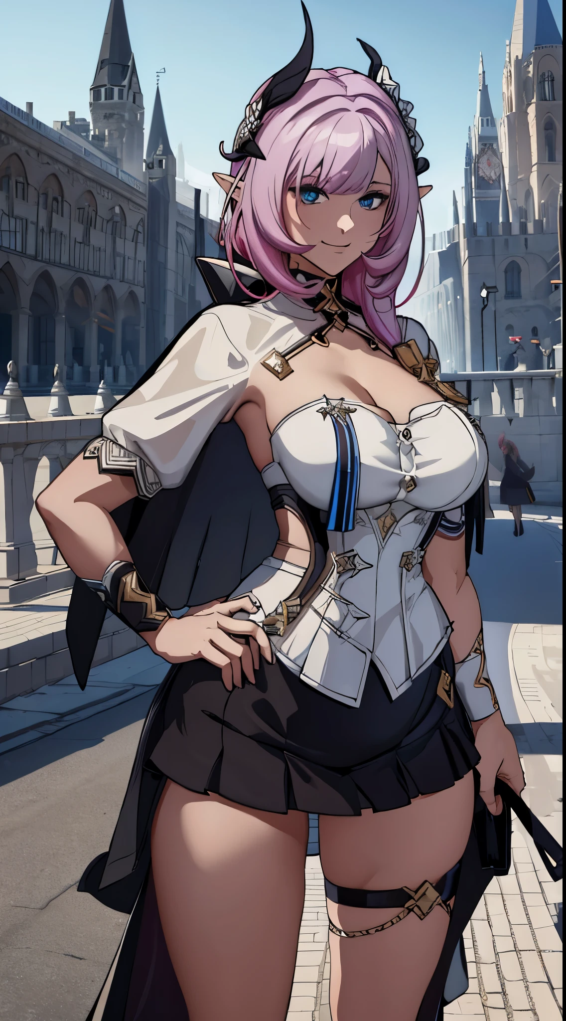 Elysia LoRa, woman character, face detailed, wonderful, white shirt, black corset, black skirt, short skirt, suspenders, headband, elf ear, super model stance(body), super detailed, fitness, epic, medieval city landscape. Wallpaper.