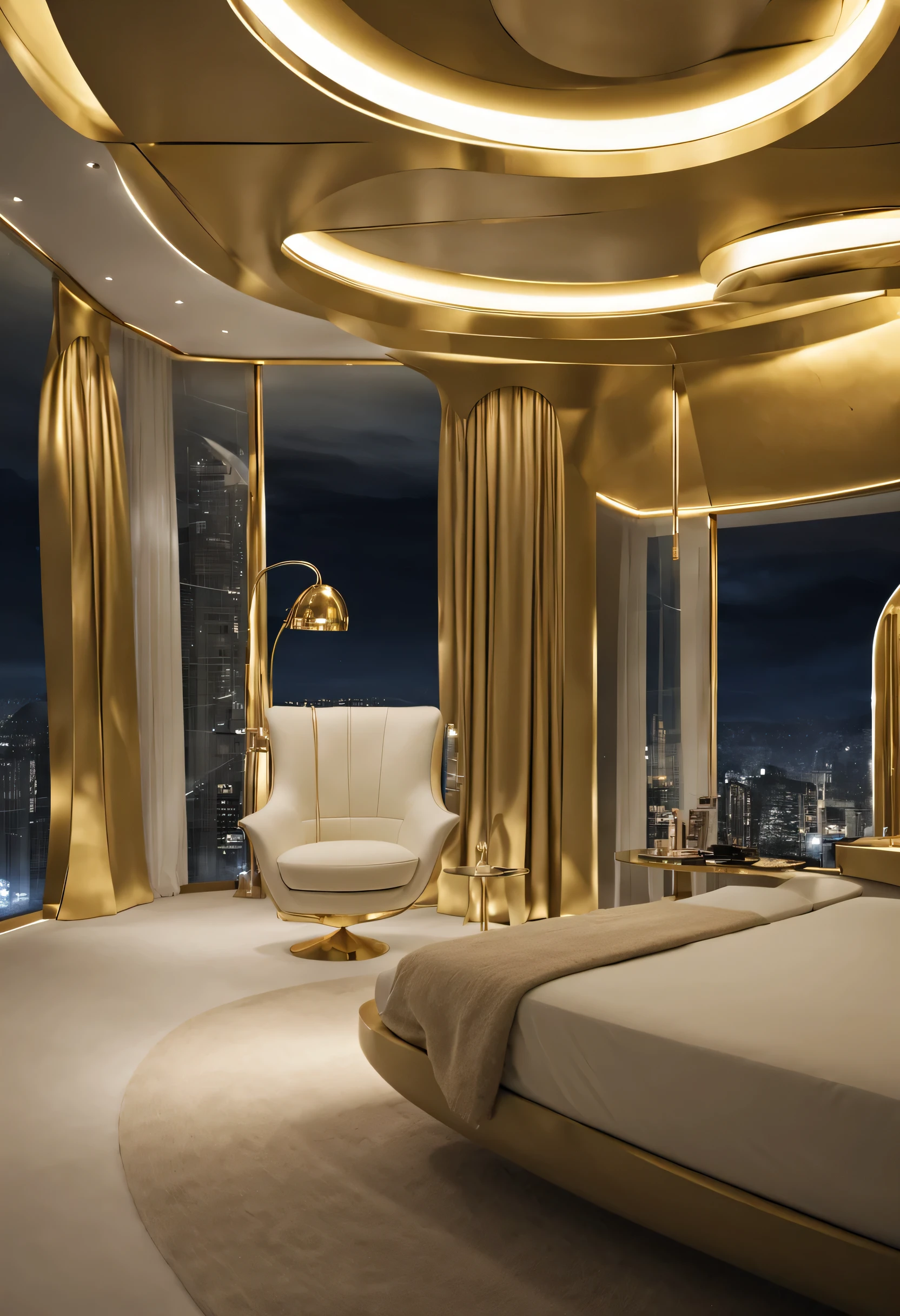 (maximum quality) I want a bedroom, which is furnished with futuristic style furniture, aber dennoch einladend wirkt, in futuristischen Farben und sogar in Gold