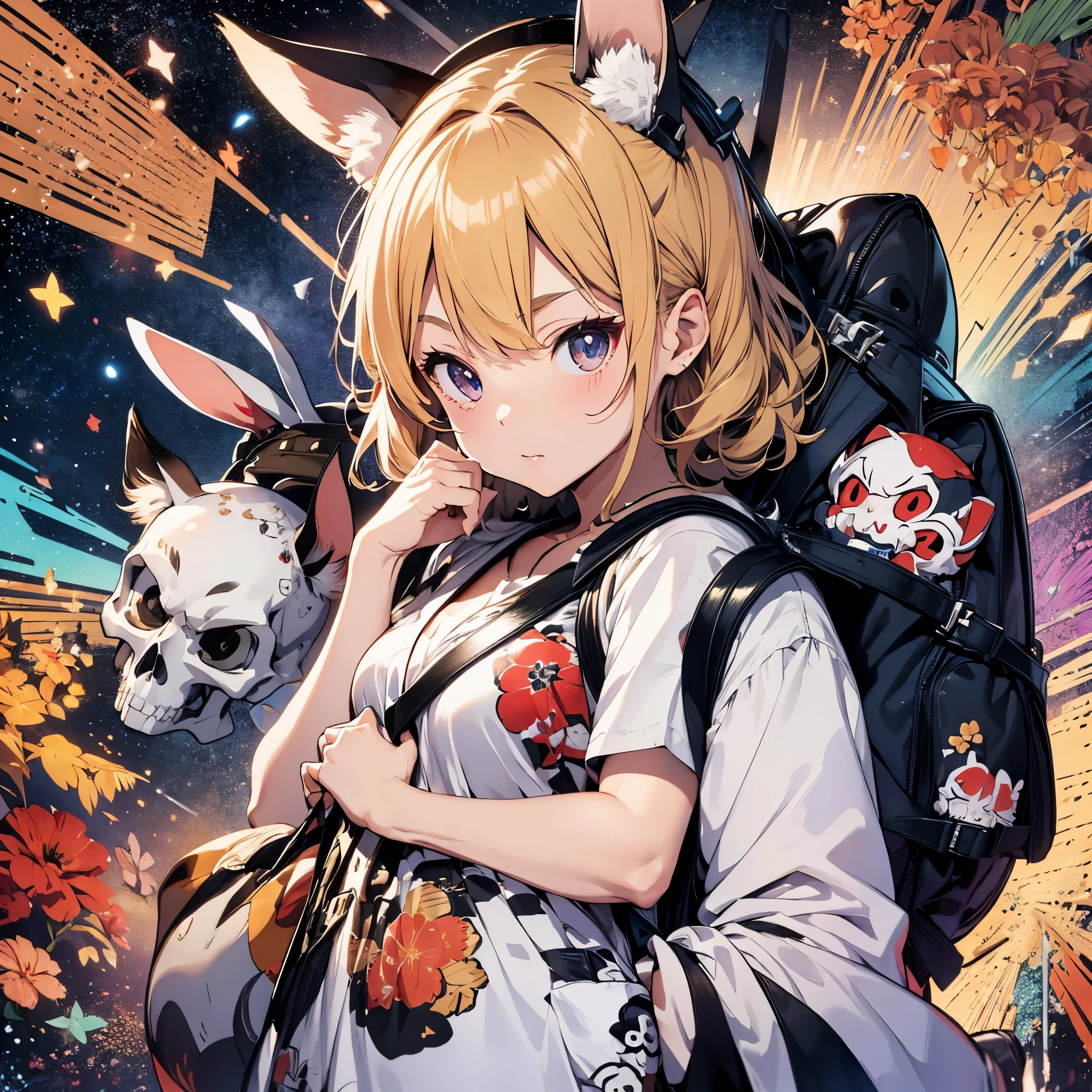 Fusion of fox mask and skull、Ukiyo-e style skull pattern、Hair flowing in the blast、Senju bill in the air、Mass fireworks display、sky at night、Summer Festivals、(Japan kimono printed with a skull pattern:1.5)、Thick eyebrows、Chest、(Huge backpack:1.5)、Beautiful blonde hair、Rabbit ears、(masterpiece)、((top-quality))、(ultra-detailliert)、(in 8K)、Full Body Anime Girl、Clean and detailed anime face、High Resolution Anime Eyes、Beautiful fingers、Five Fingers、nffsw(HighDynamicRange)、The perfect human structure、