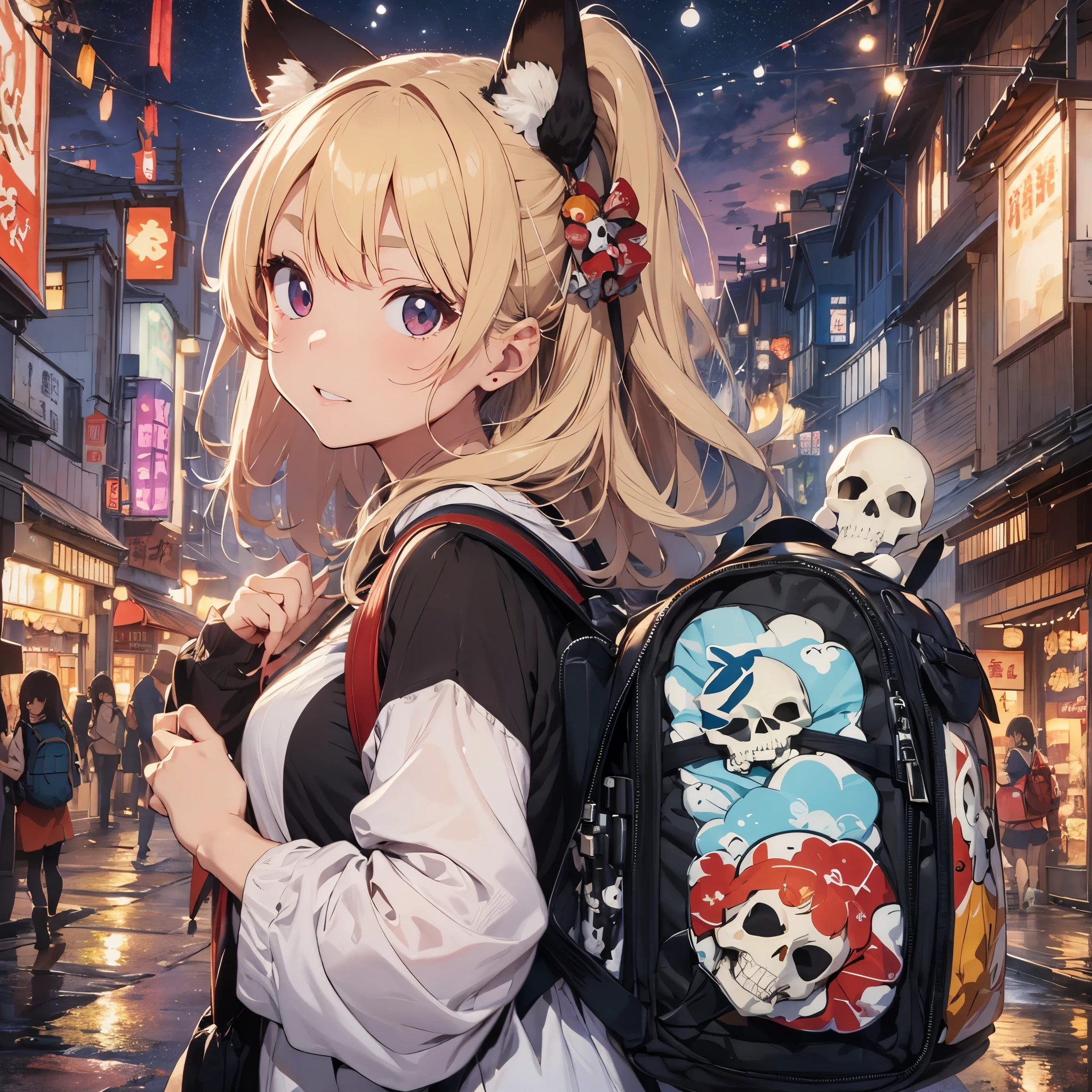 Fusion of fox mask and skull、Ukiyo-e style skull pattern、Hair flowing in the blast、Senju bill in the air、Mass fireworks display、sky at night、Summer Festivals、（Japan kimono printed with a skull pattern:1.5）、Thick eyebrows、Chest、(Huge backpack:1.5)、Beautiful blonde hair、Rabbit ears、(​masterpiece)、((top-quality))、(ultra-detailliert)、（in 8K）、Full Body Anime Girl、Clean and detailed anime face、High Resolution Anime Eyes、Beautiful fingers、Five Fingers、nffsw(HighDynamicRange)、The perfect human structure、