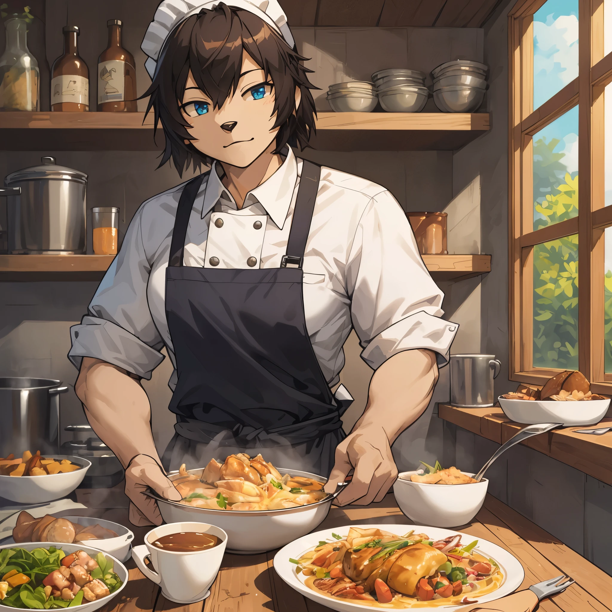 top quality, best quality, High-quality illustrations, masterpiece, super high resolution, detailed background, cooking, chef, 6+boys, 6+girls, absurdres(highly detailed beautiful face and eyes)perfect anatomy, expression, good lighting, cinematic shadow(kemono, furry anthro),