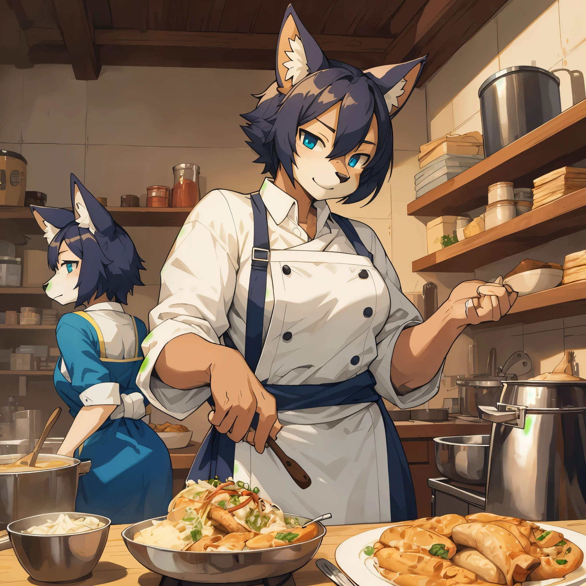 top quality, best quality, High-quality illustrations, masterpiece, super high resolution, detailed background, cooking, chef, 6+boys, 6+girls, absurdres(highly detailed beautiful face and eyes)perfect anatomy, expression, good lighting, cinematic shadow(kemono, furry anthro),