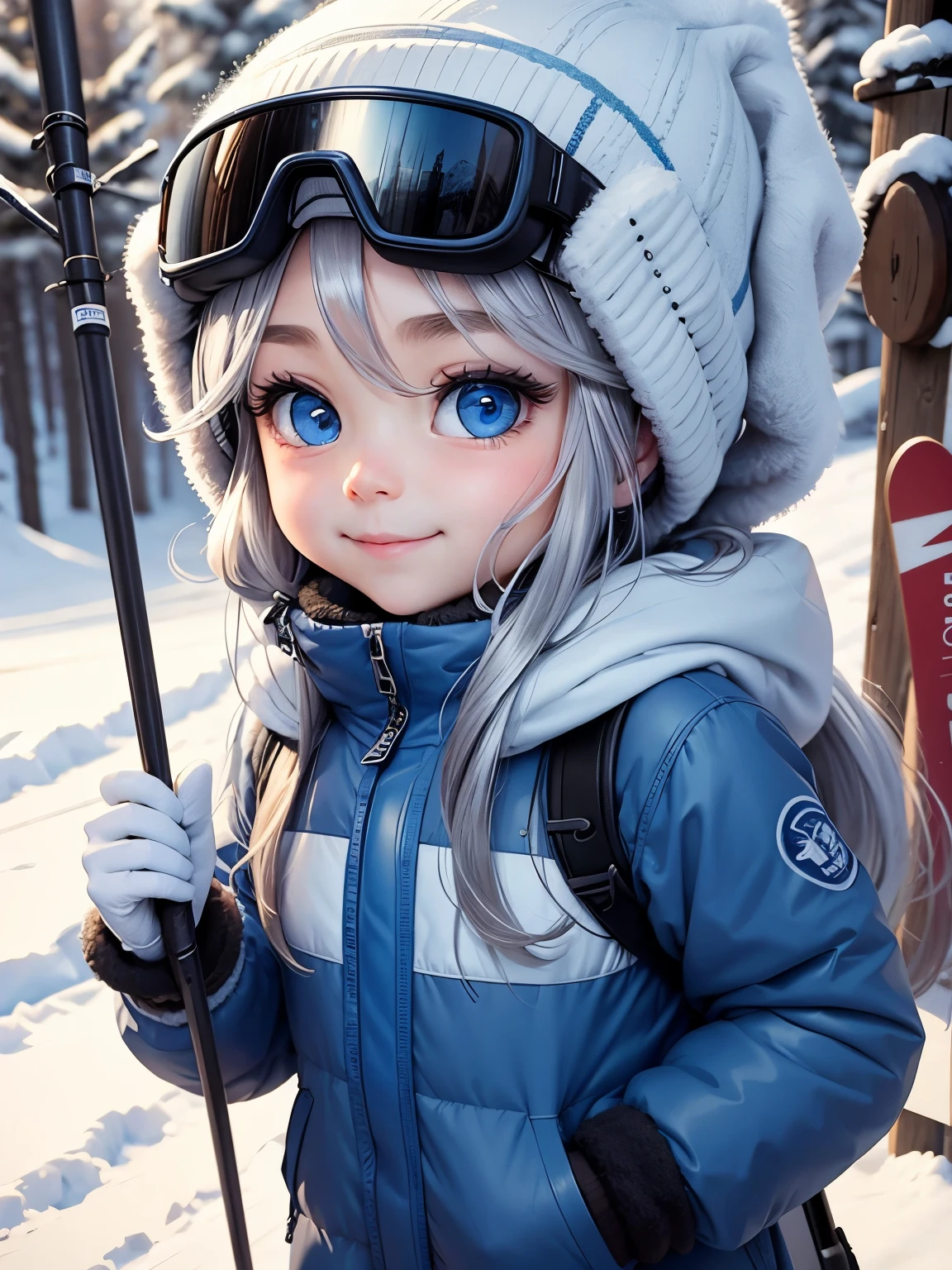 best image quality、detailed eyes、long eyelashes、A fun and cute smile、best smile、chibi character、super deformed、big head and 、Very pretty girl、long silver hair、Surprisingly big blue eyes that shine、He is skiing very skillfully in a snowy landscape with poles in his hand.、He&#39;s wearing a woolen hat, cool goggles on his forehead, and warm ski wear.、