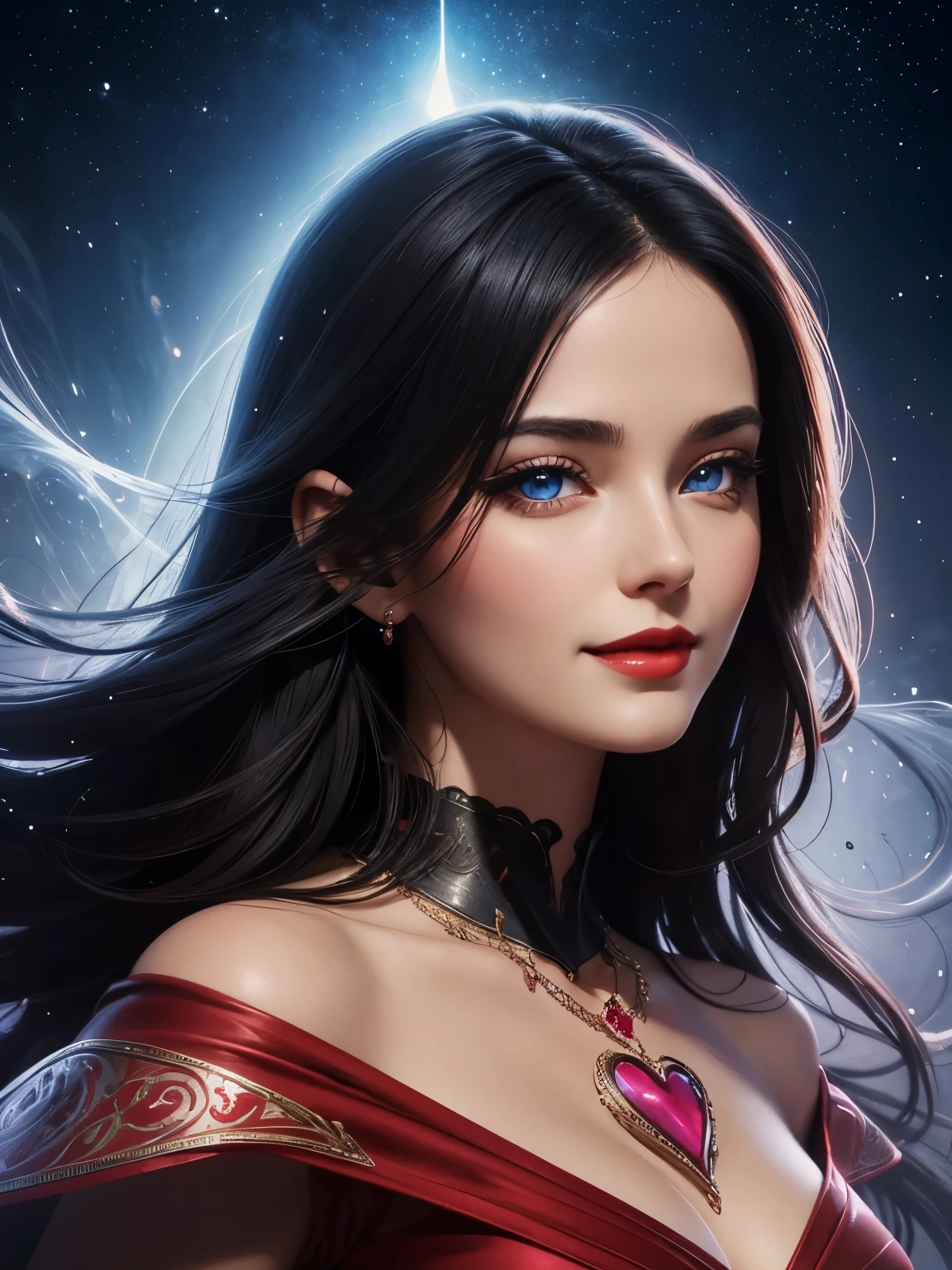 Portrait, mysterious woman with black hair and a silky red dress, wearing a large heart-shaped necklace, hourglass figure, symmetrical figure, highly detailed face, beautiful face, calming blue eyes, lush red lips, smiling, alluring, stunning digital illustration, cosmic fantasy background, beautiful digital artwork, magenta lighting, glossy digital painting, gorgeous digital art, 4k detailed digital art, beautiful digital illustration, 4k highly detailed digital art, beautiful digital art, realistic digital art 4k, realistic digital art 4k, airbrush digital art